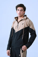BLACK AND KHAKI TRACK JACKET WITH HOODIE