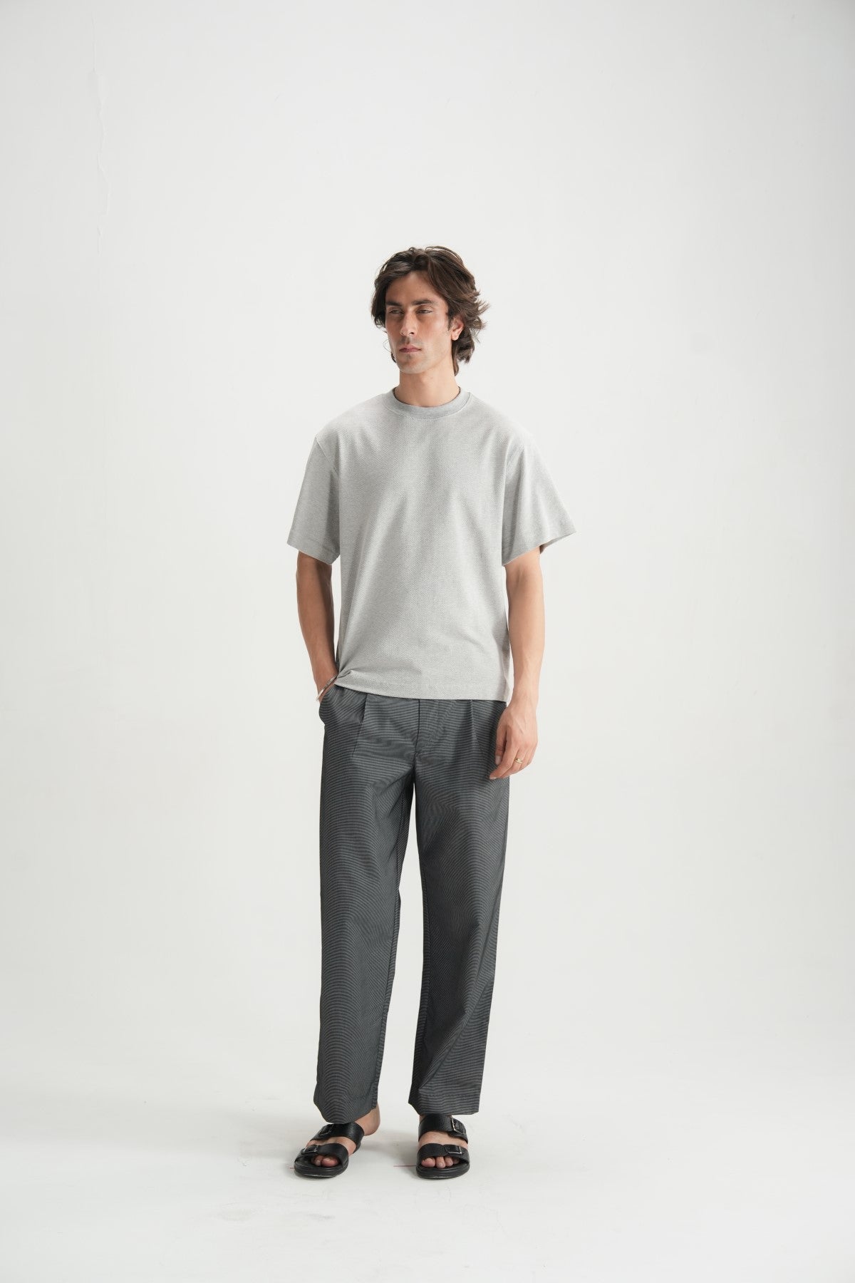 Self Textured Grey violet Relax fit Tee - Brackets