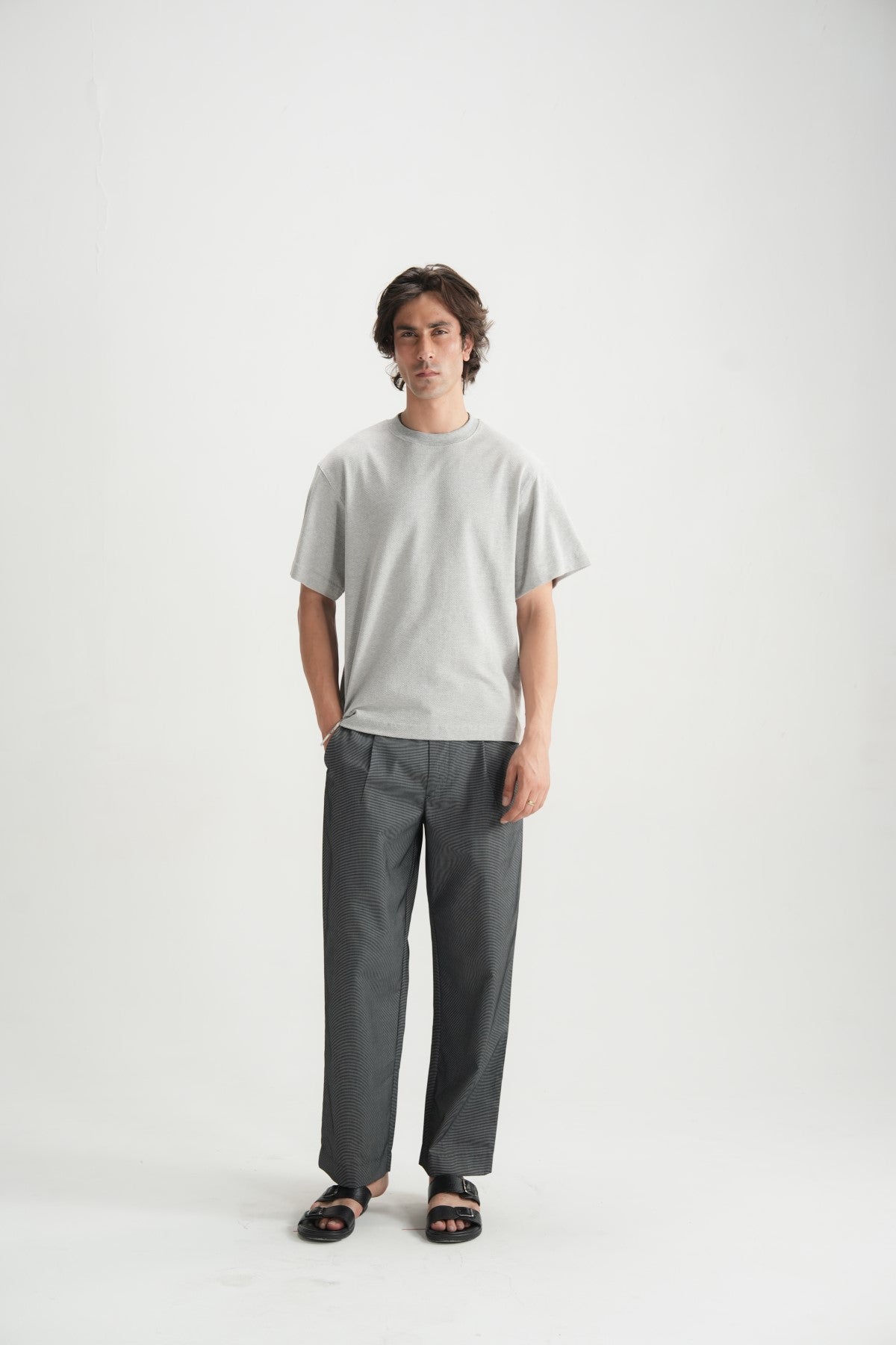 Self Textured Grey violet Relax fit Tee - Brackets