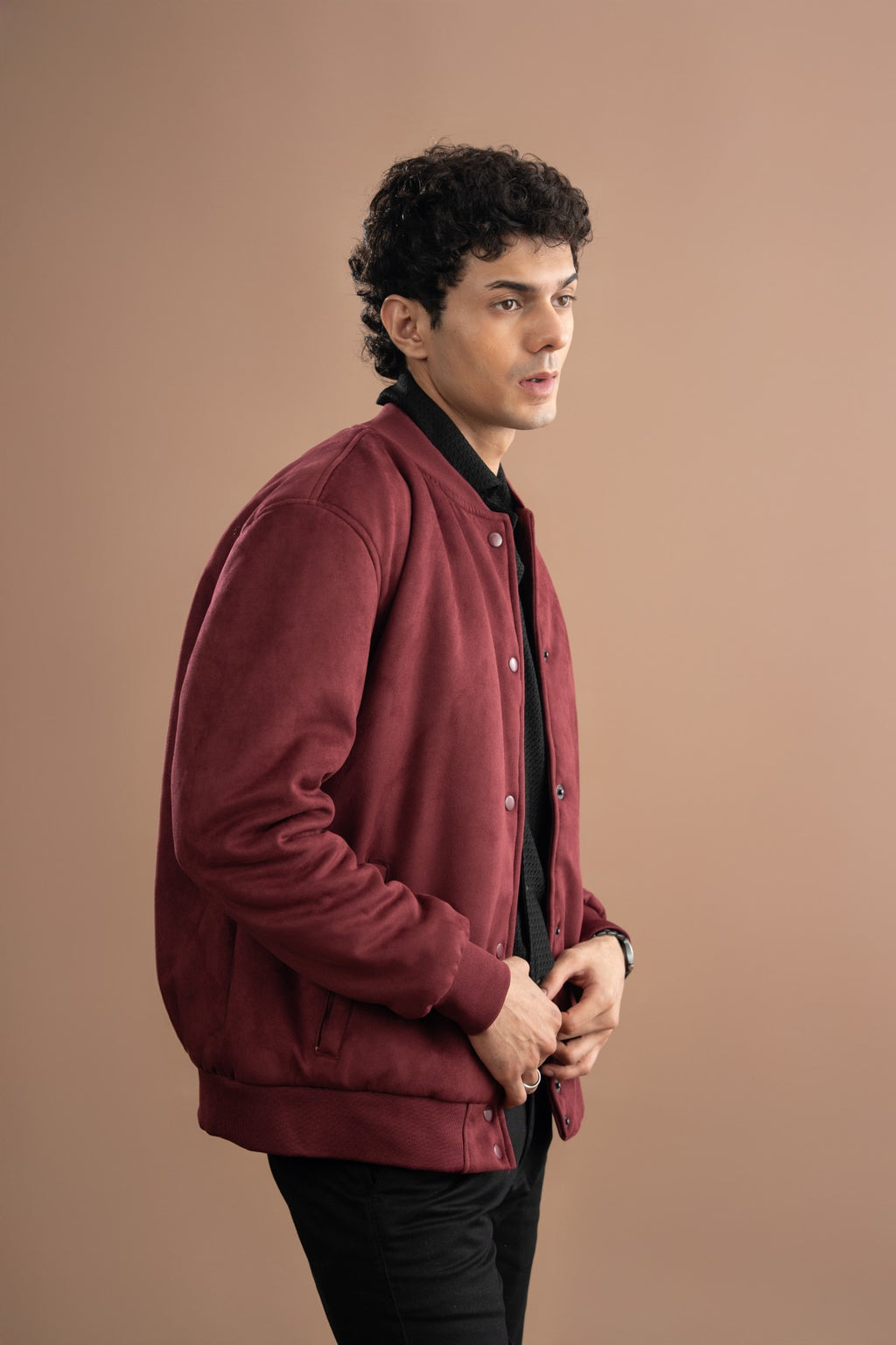 Suede Faux Bomber Jacket - Windsor Wine