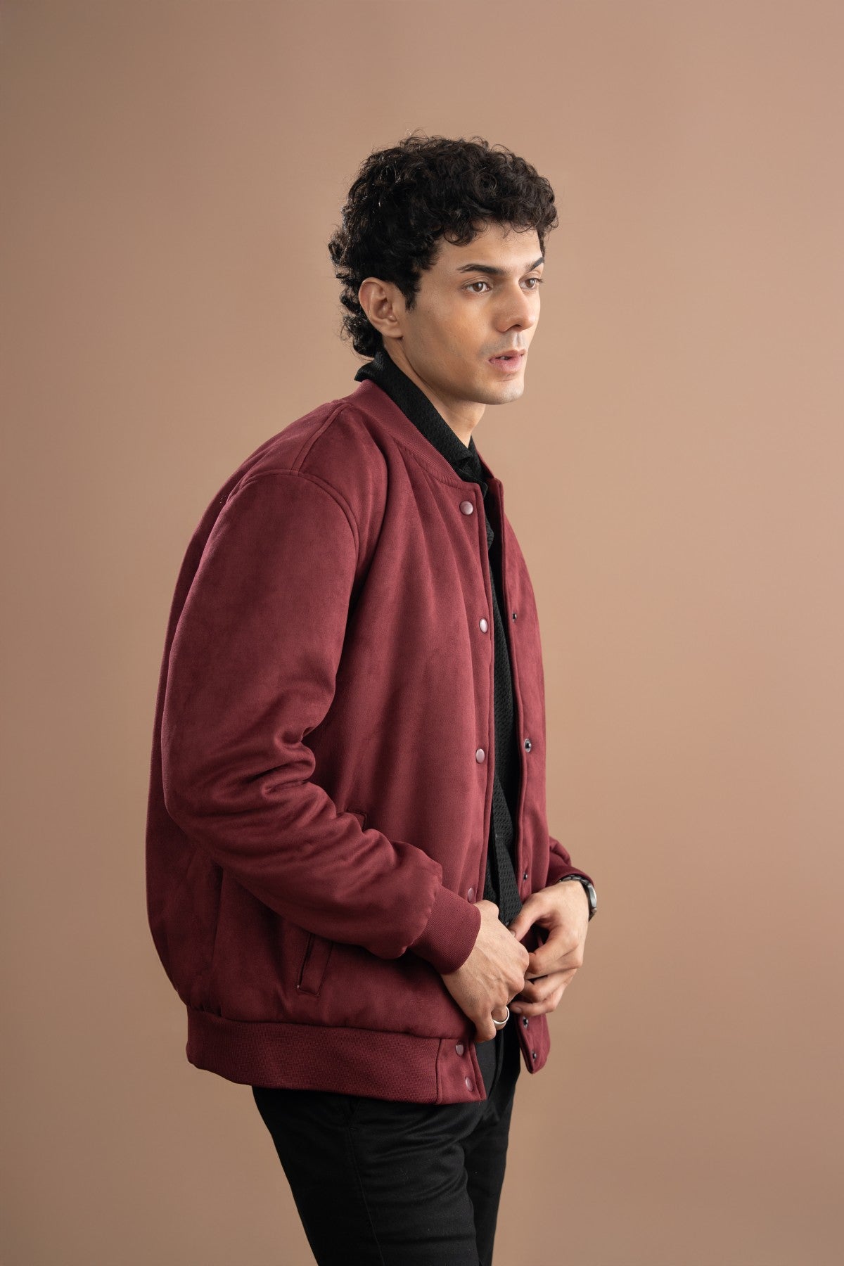 Suede Faux Bomber Jacket - Windsor Wine