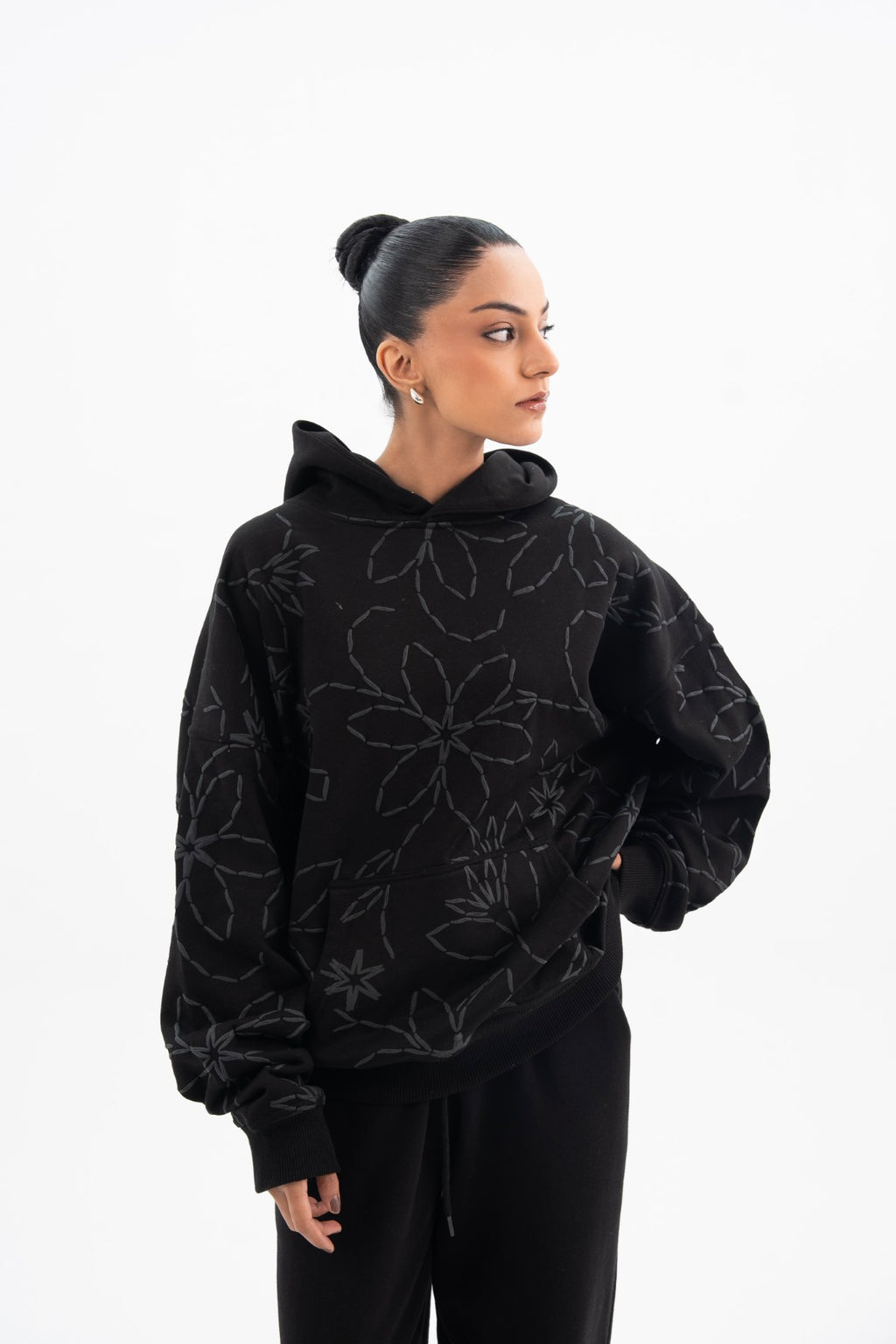 Hoodie With Floral Puff Printing - Women
