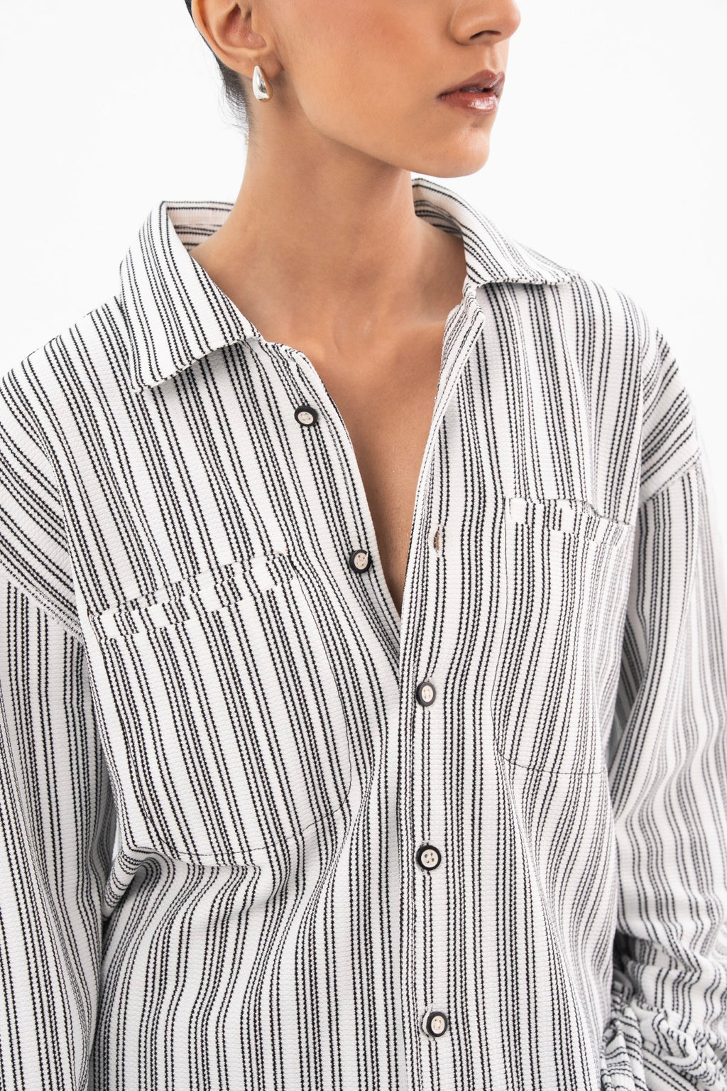 White On Black Pintex Stripes Classic Shirt - Women