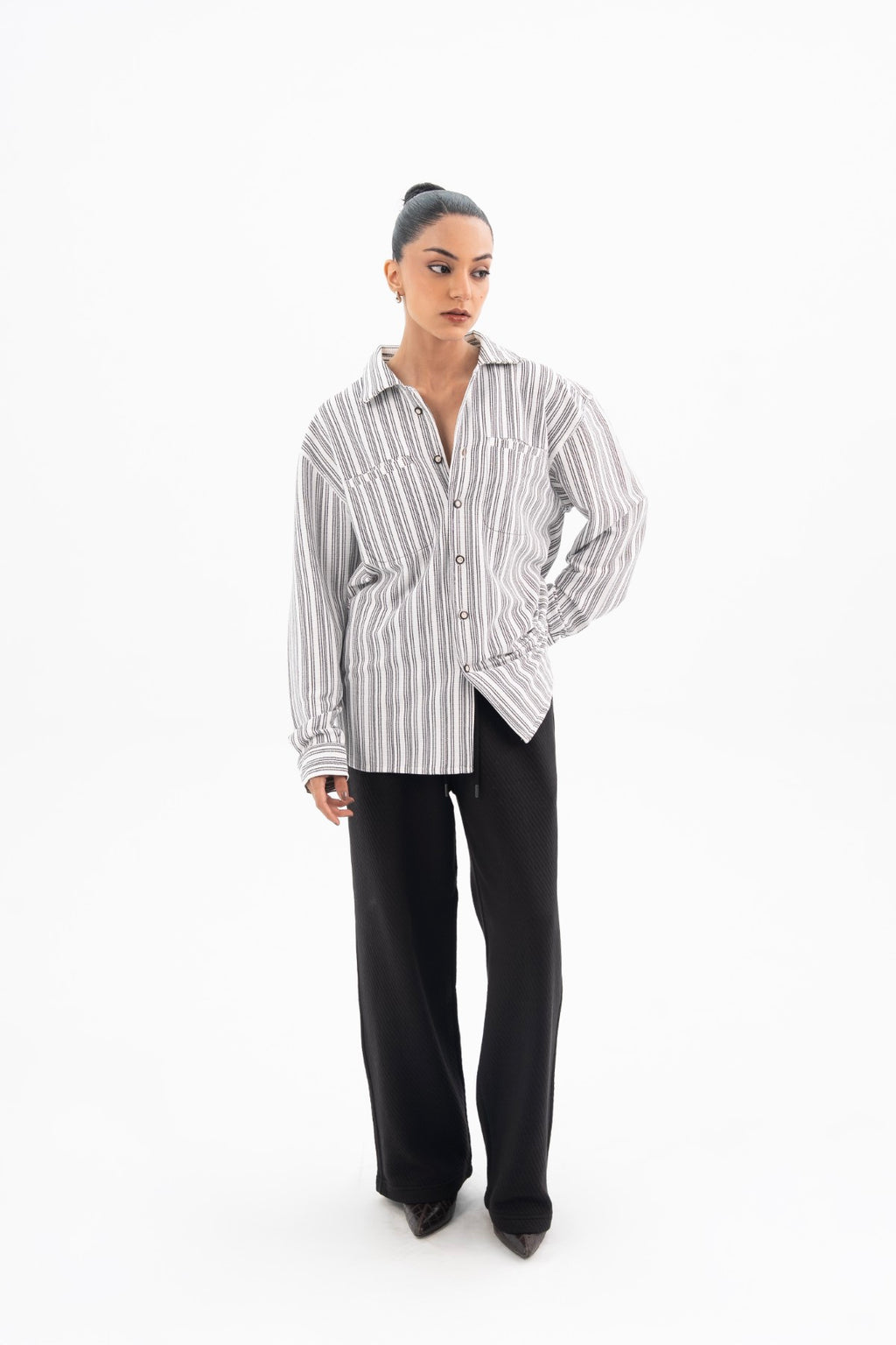 White On Black Pintex Stripes Classic Shirt - Women