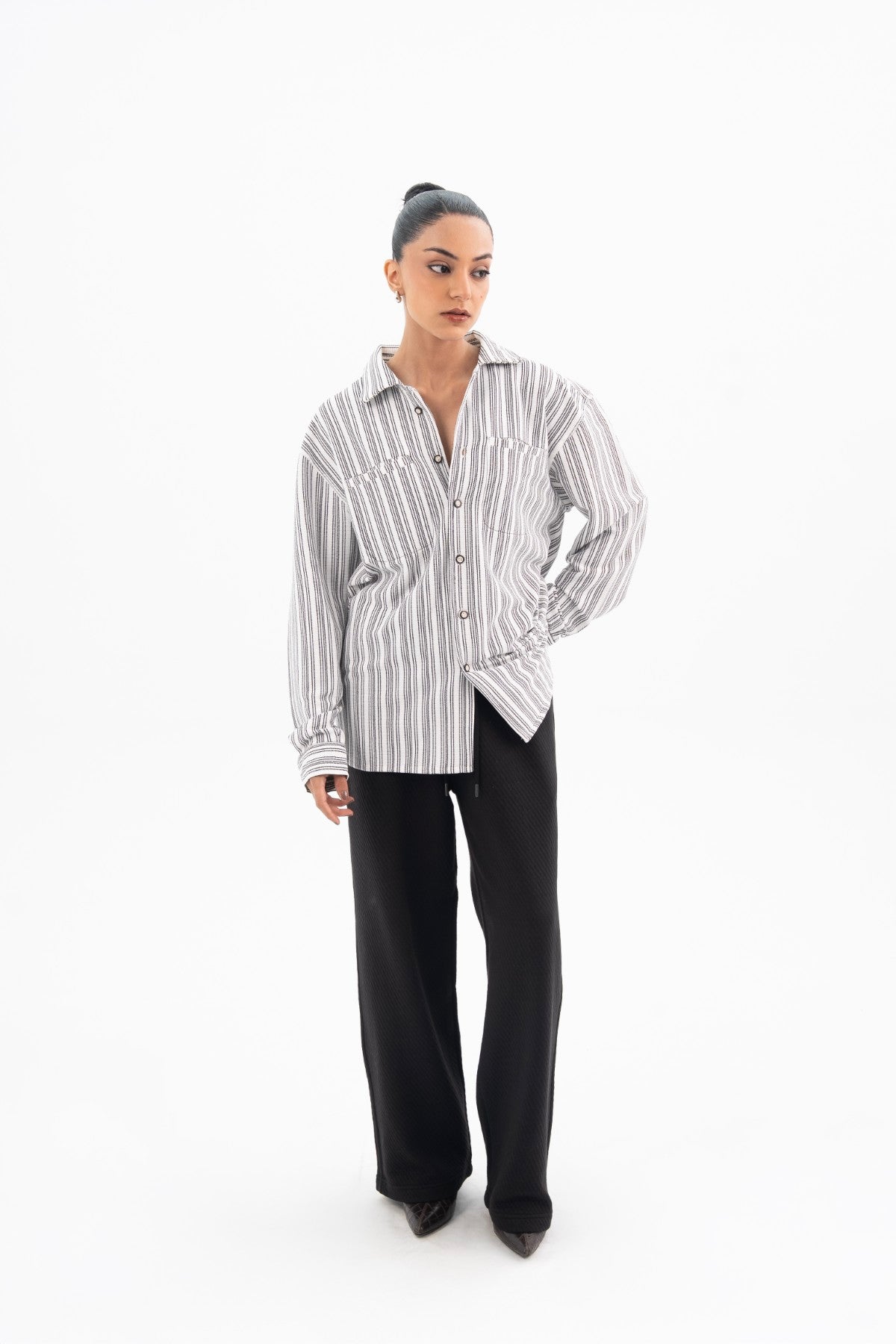 White On Black Pintex Stripes Classic Shirt - Women
