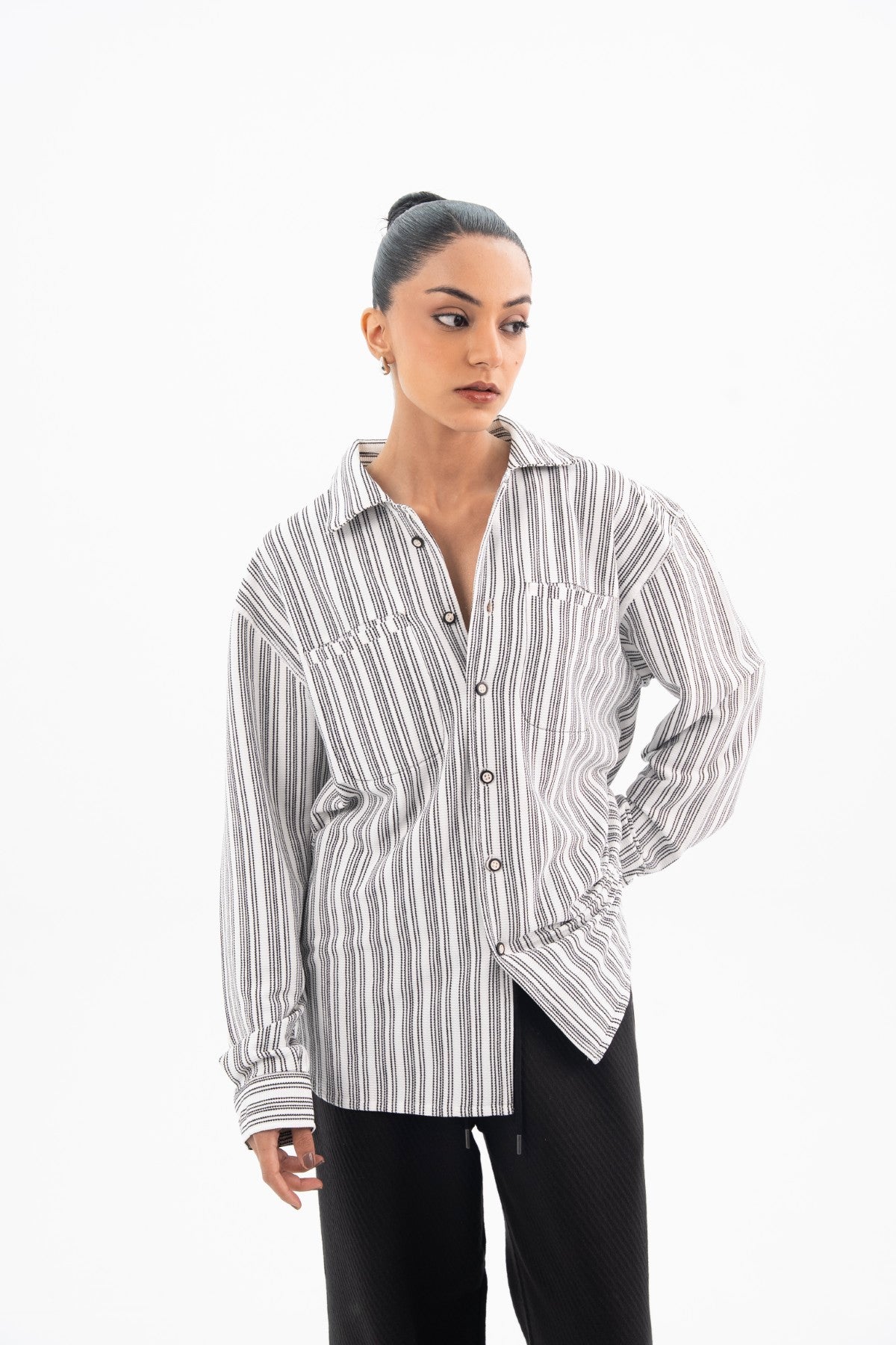 White On Black Pintex Stripes Classic Shirt - Women Main image