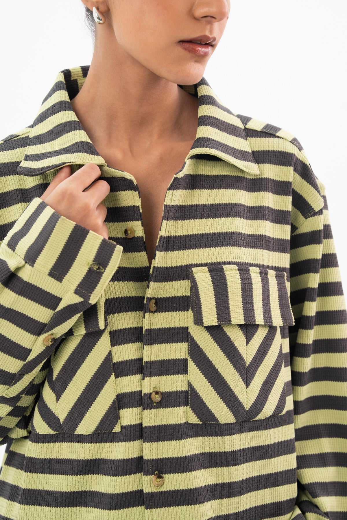 Green with grey Stripes Classic Shirt - Women Secondary image