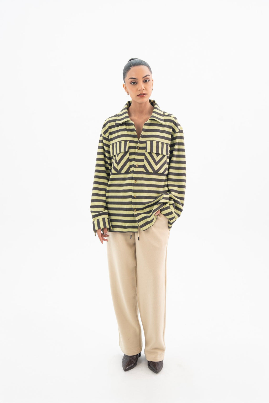 Green With Grey Stripes Classic Shirt - Women