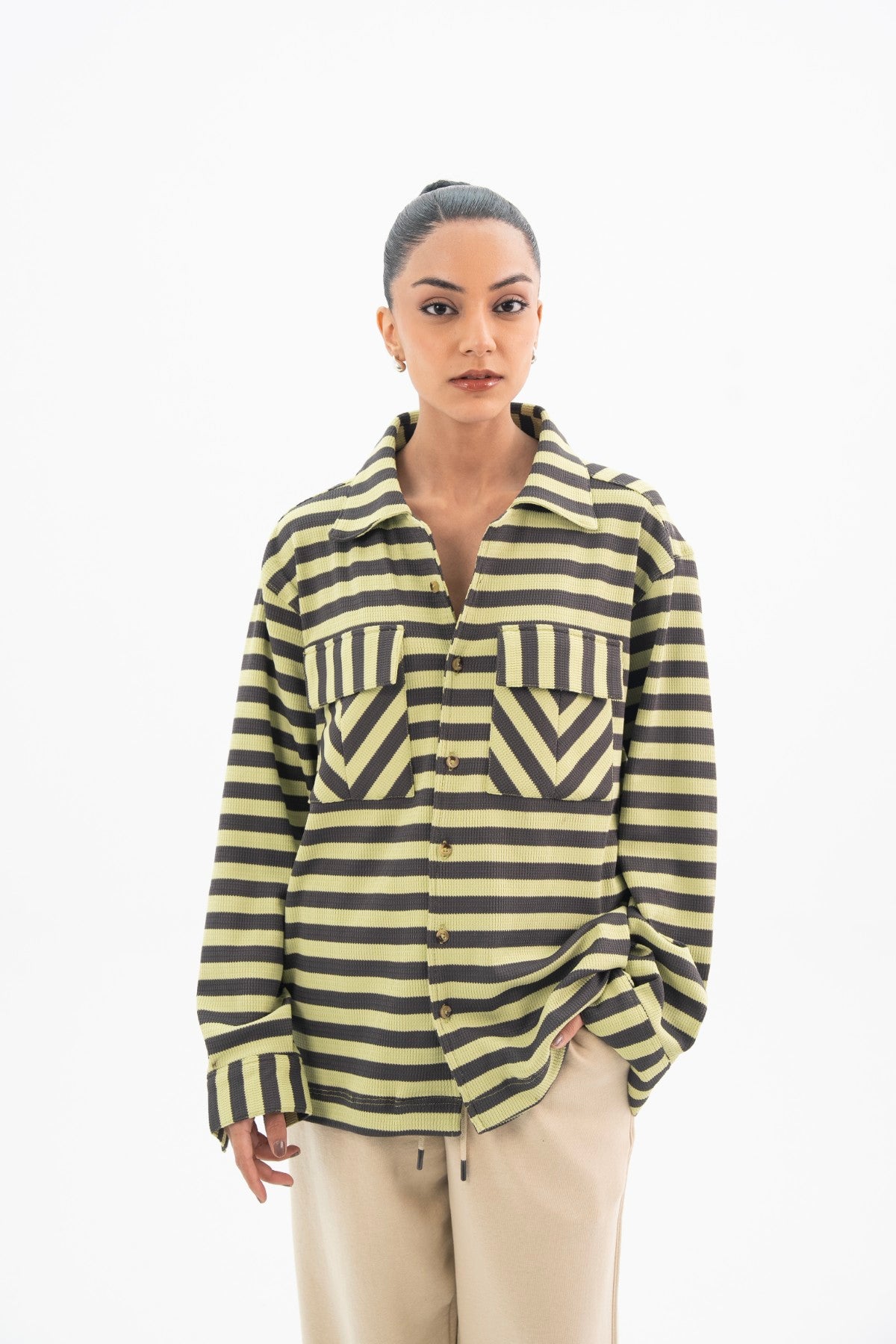Green With Grey Stripes Classic Shirt - Women