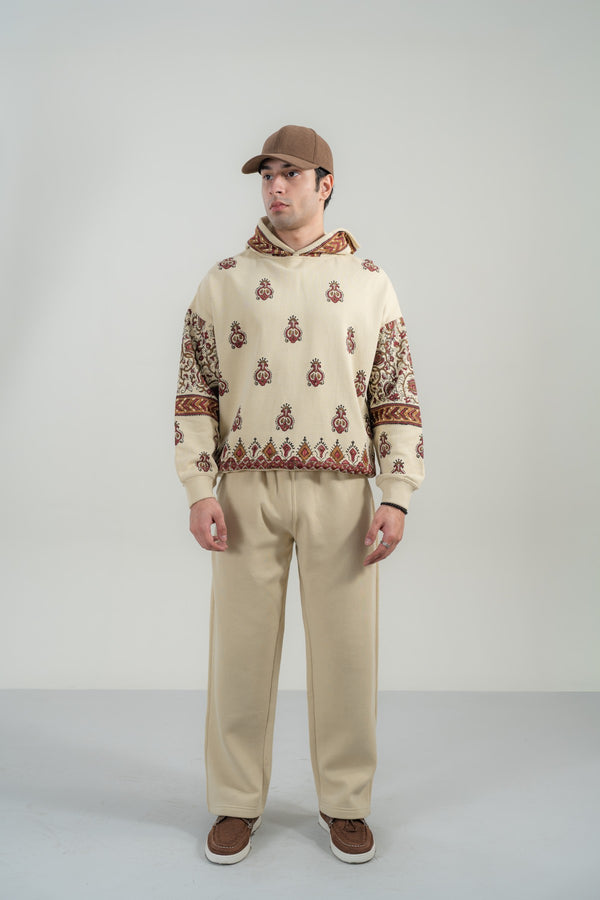 Beige Block Printed Hoodie