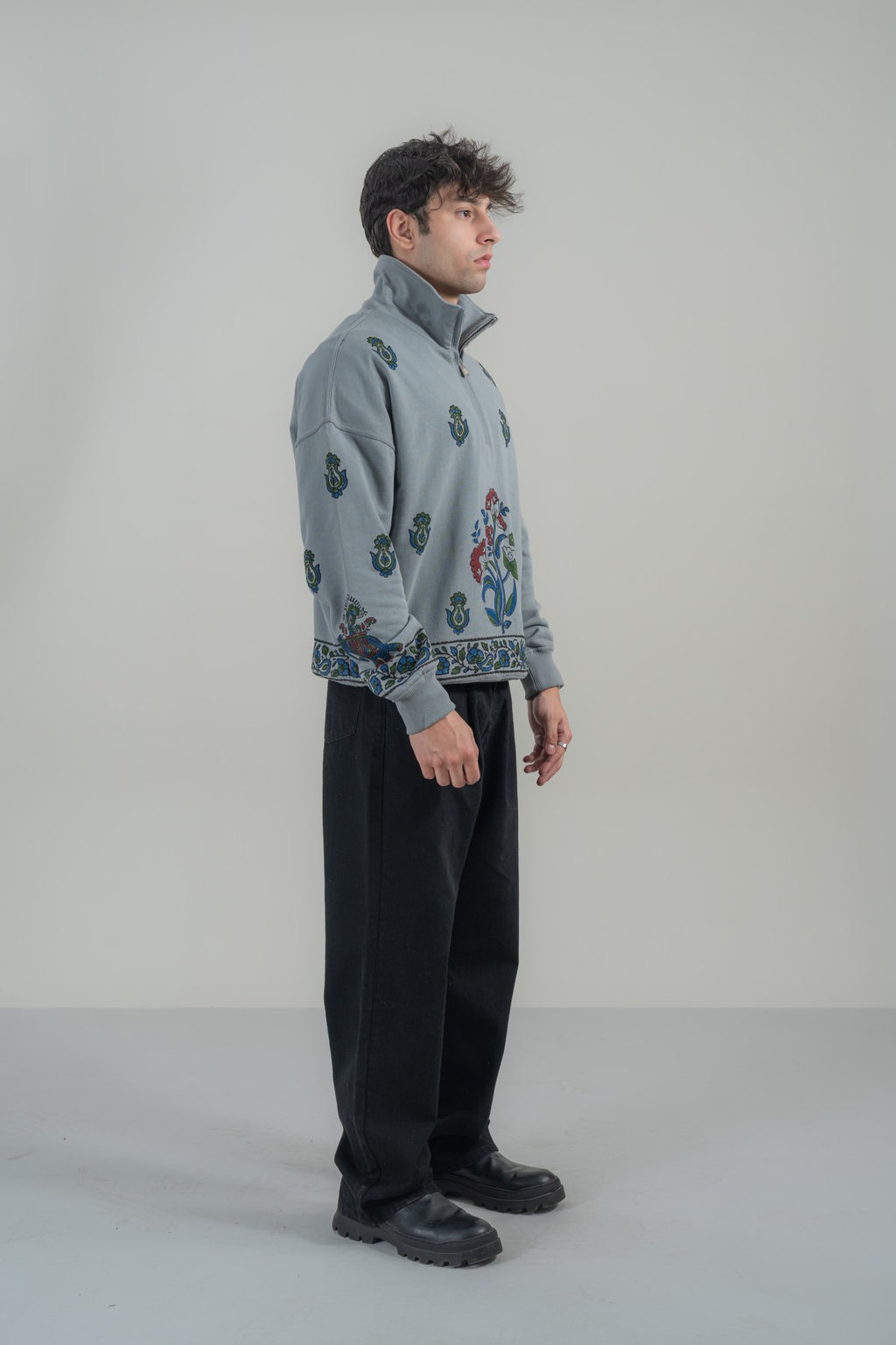 Steel grey Block Prined mockneck sweatshirt