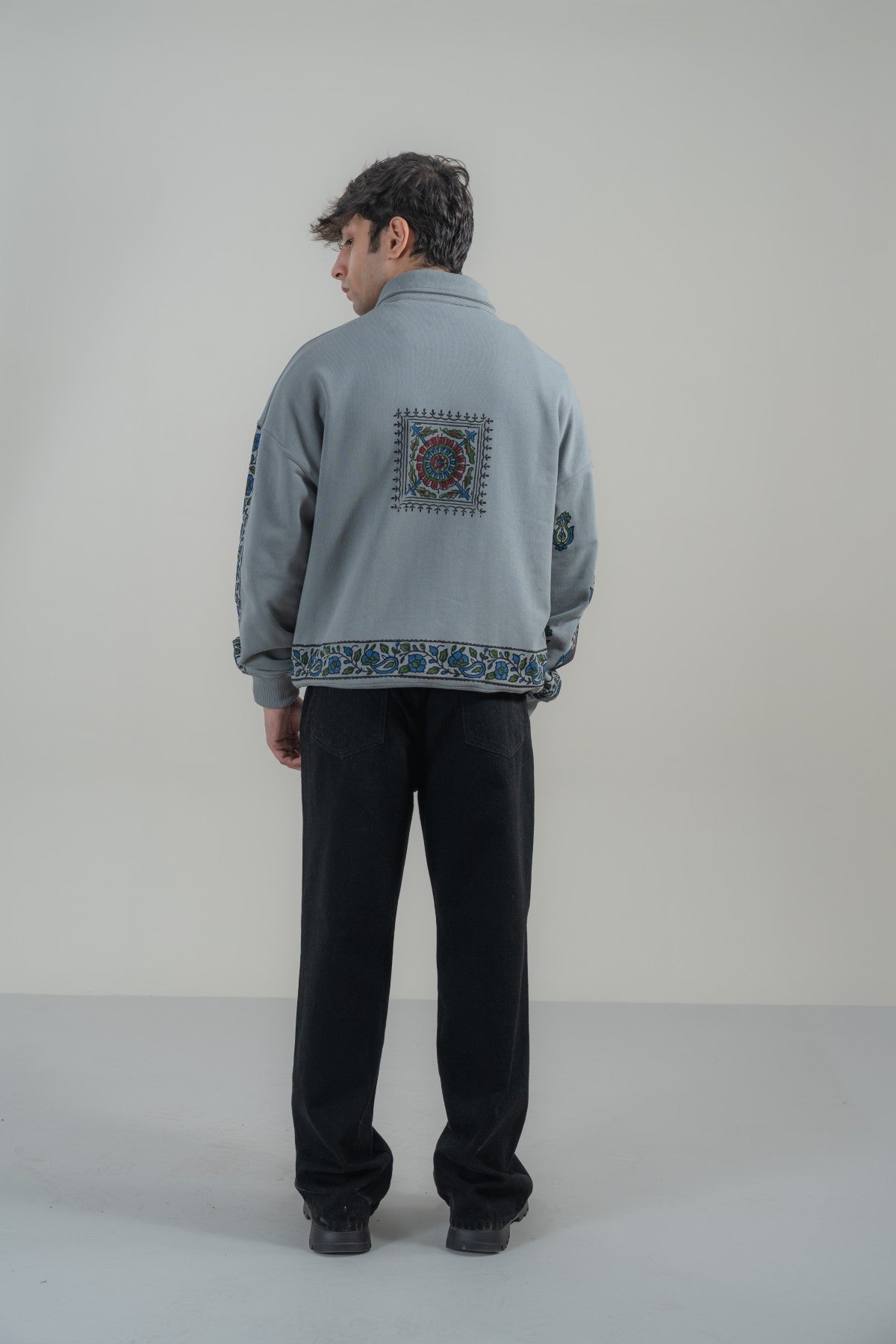 Steel grey Block Prined mockneck sweatshirt