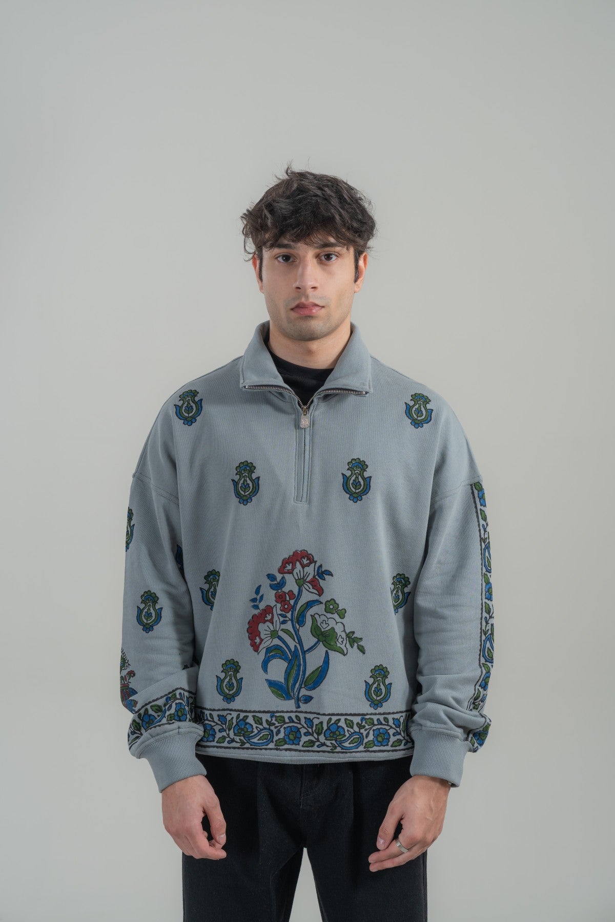 Steel grey Block Prined mockneck sweatshirt Main image