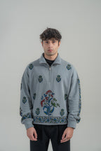Steel Grey Block Printed Mockneck Sweatshirt