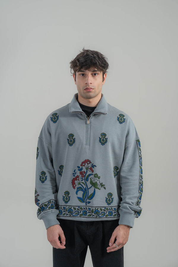 Steel Grey Block Printed Mockneck Sweatshirt
