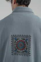 Steel Grey Block Printed Mockneck Sweatshirt