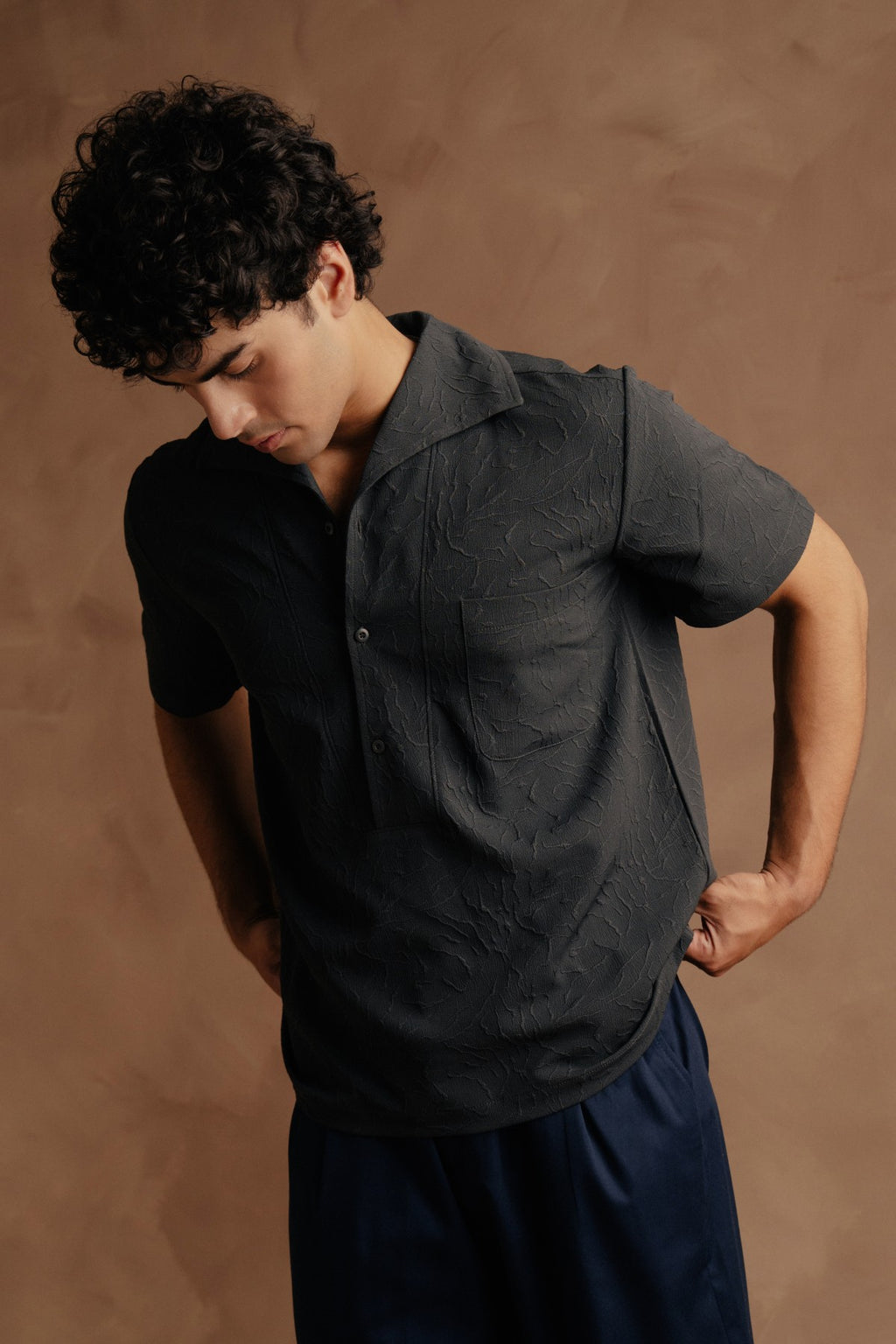 Half Sleeve Shawl Collar Polo Shirt - Dark Grey