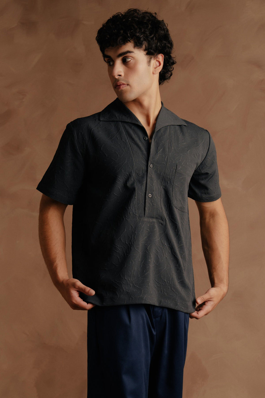 Half Sleeve Shawl Collar Polo Shirt - Dark Grey