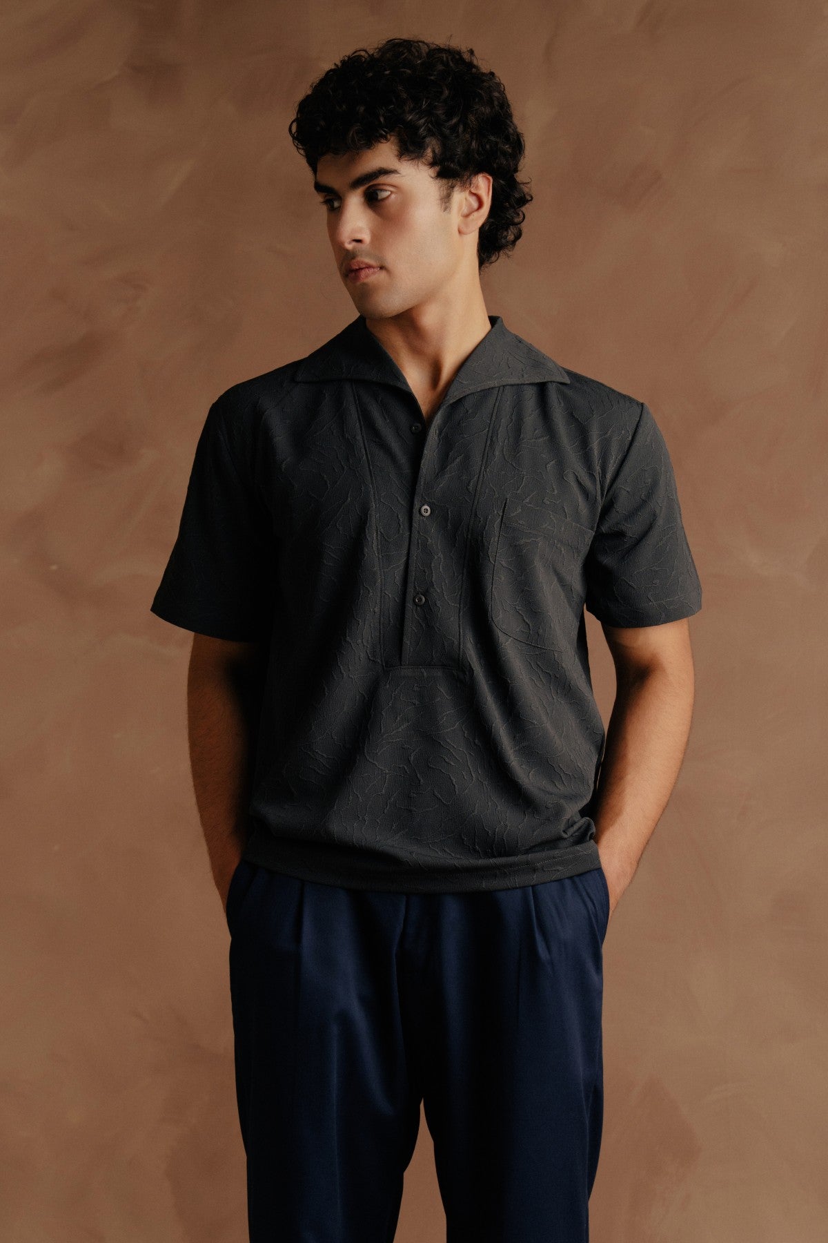 Half Sleeve Shawl Collar Polo Shirt - Dark Grey Main image