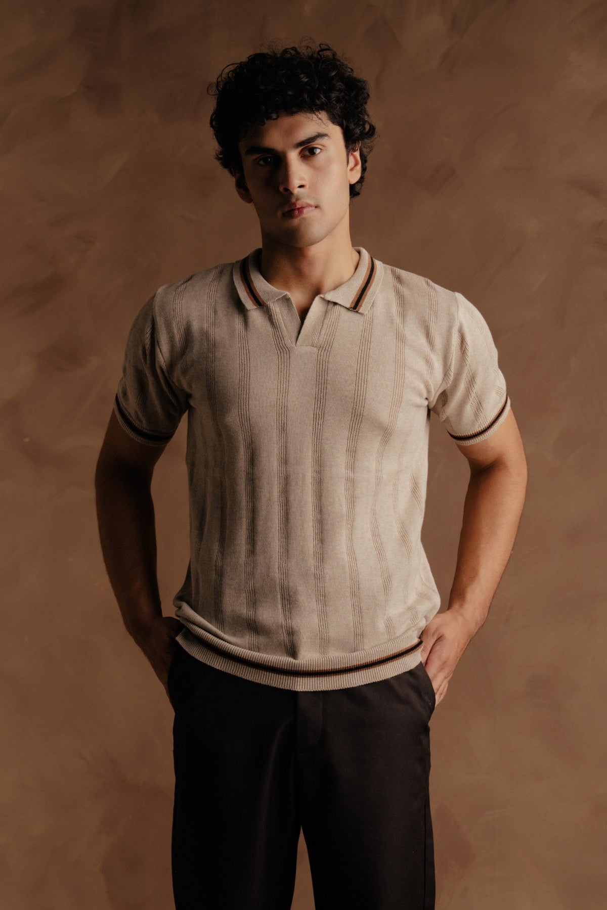 Jacquard Knit Polo Shirt - Beige Secondary image