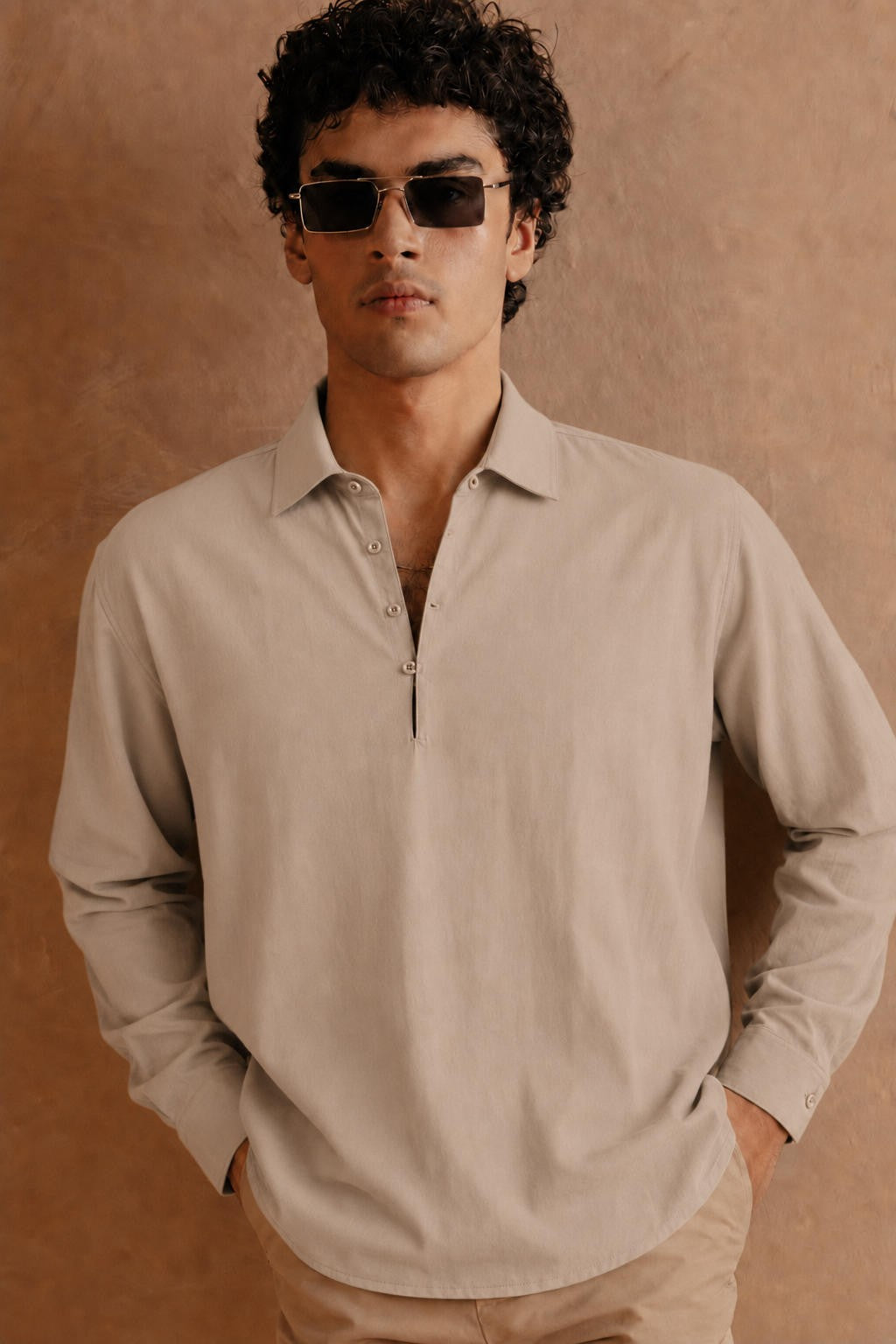 Full Sleeve Pop Over Shirt -  Light Grey