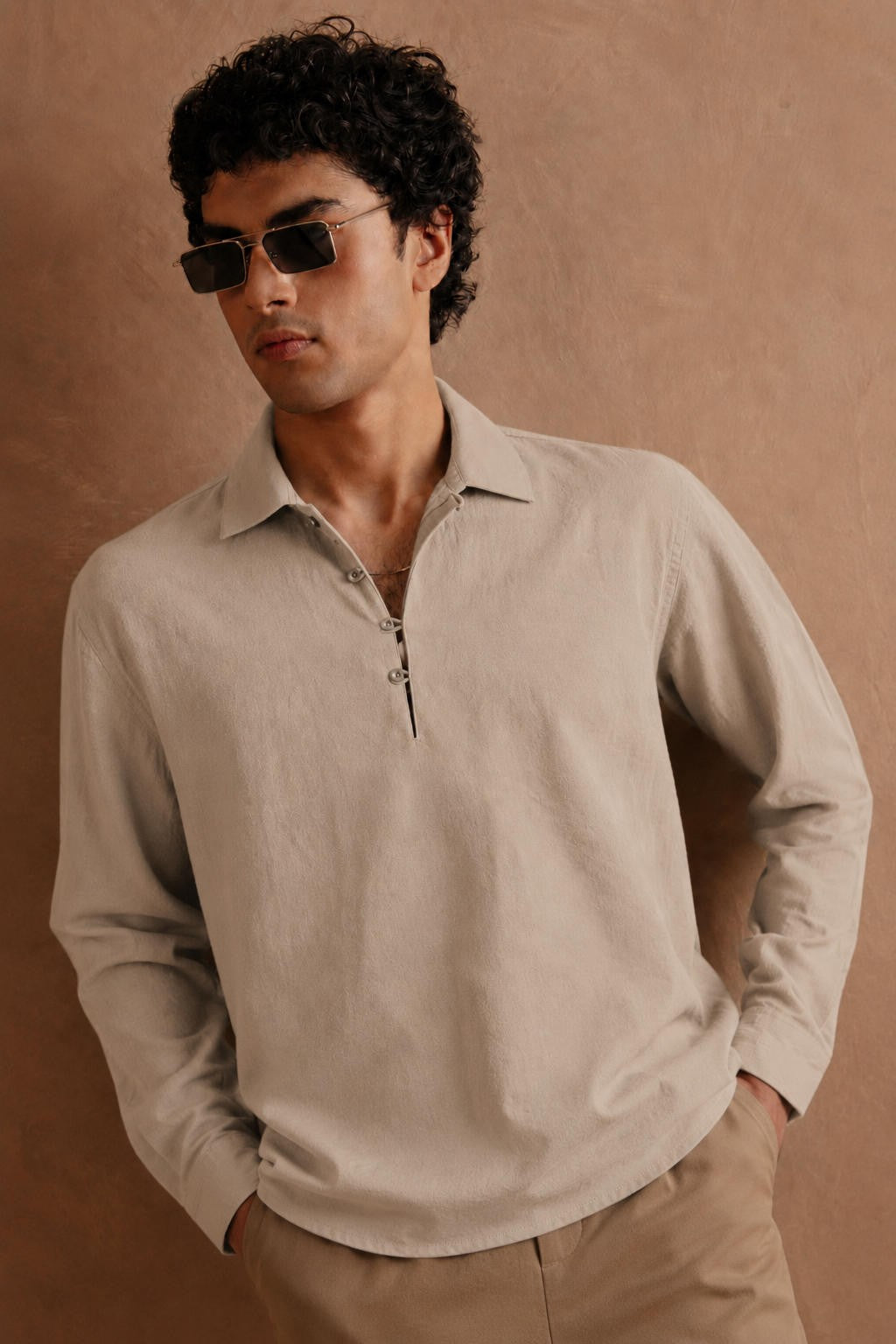 Full Sleeve Pop Over Shirt -  Light Grey