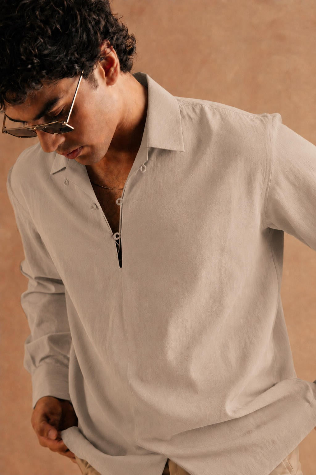 Full Sleeve Pop Over Shirt -  Light Grey