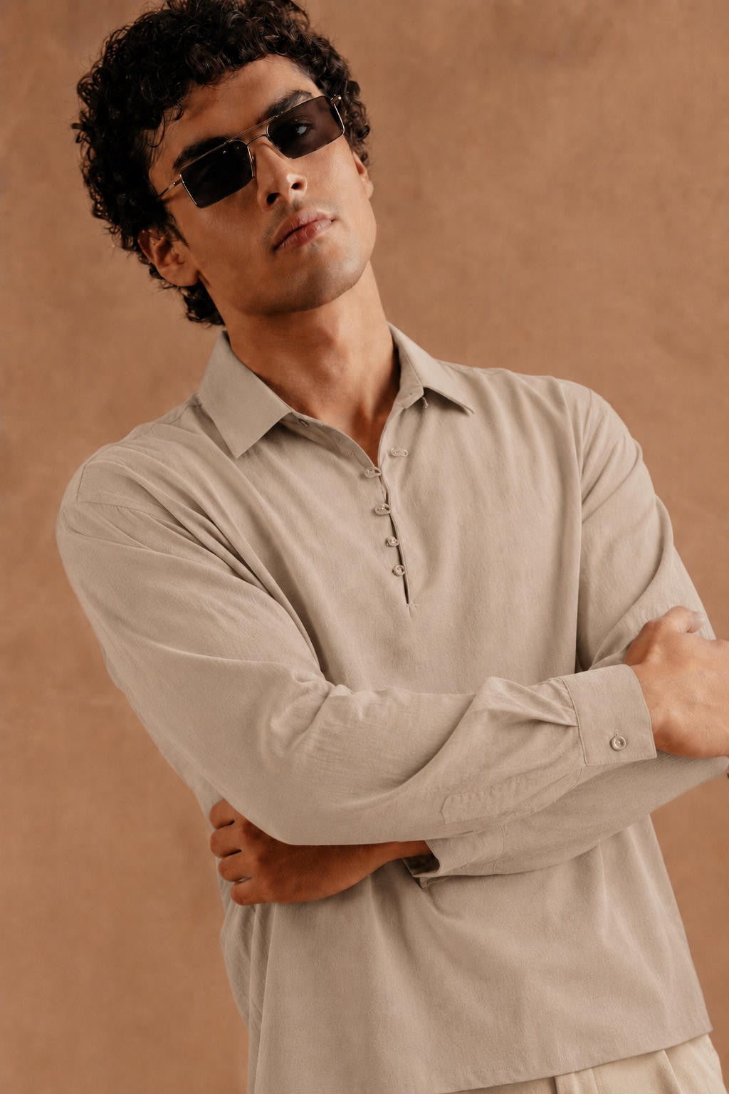 Full Sleeve Pop Over Shirt -  Light Grey