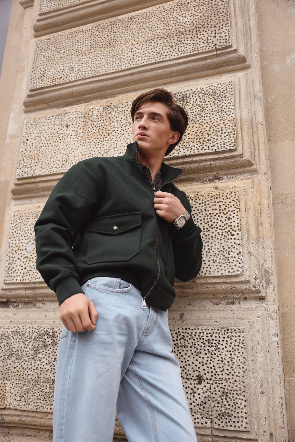 Dark Green Zip-Up Utility Jacket
