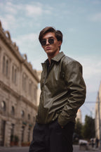 Olive Green Textured Leather Jacket