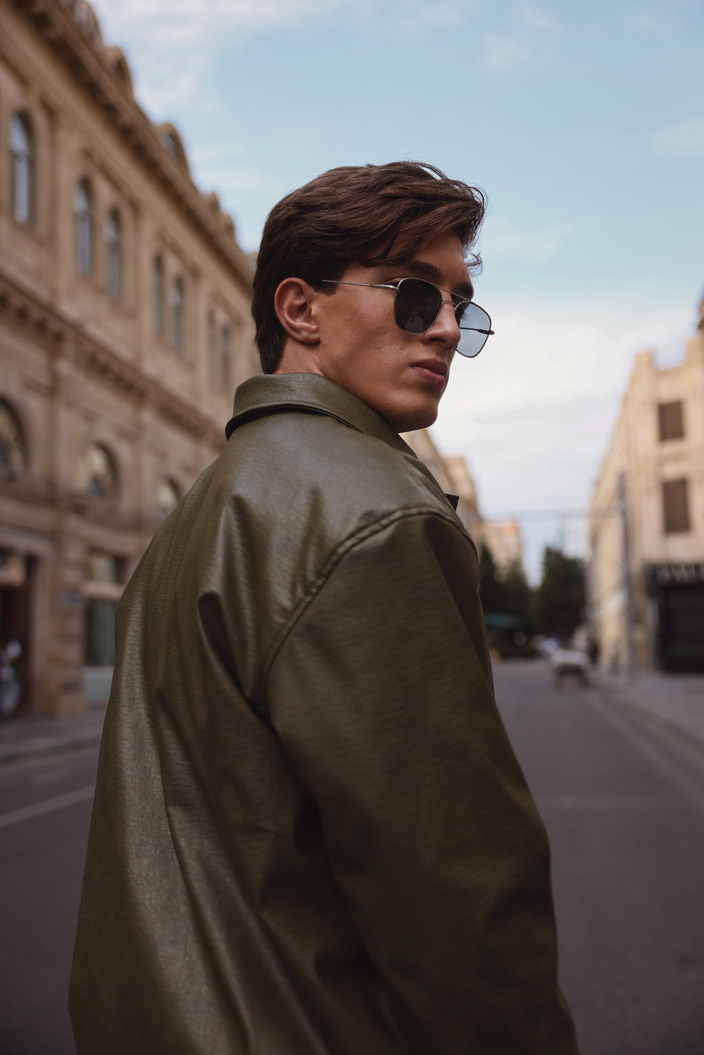 Olive Green Textured Leather Jacket