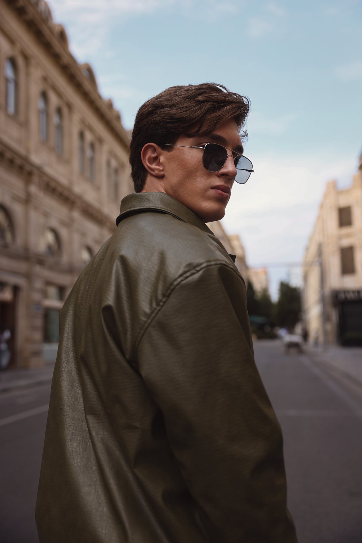 Olive Green Textured Leather Jacket