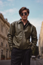 Olive Green Textured Leather Jacket