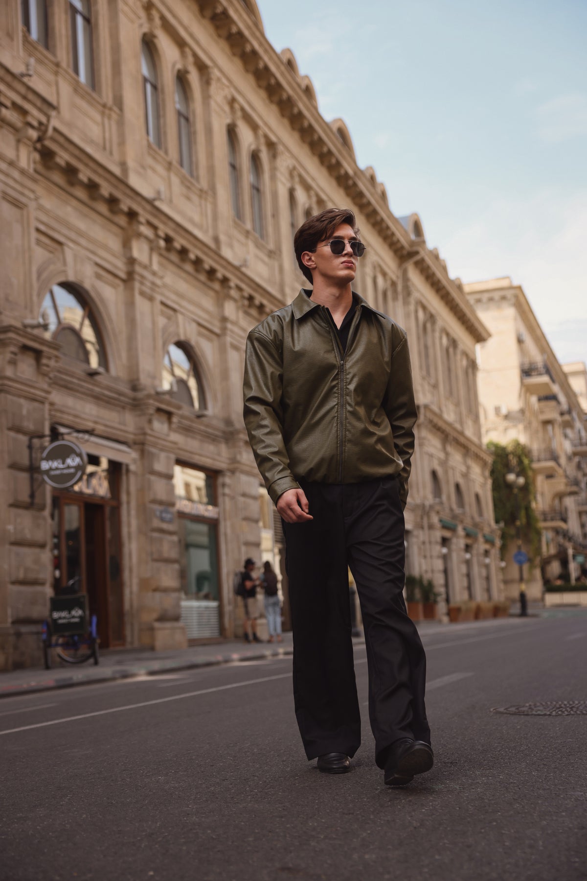 Olive Green Textured Leather Jacket