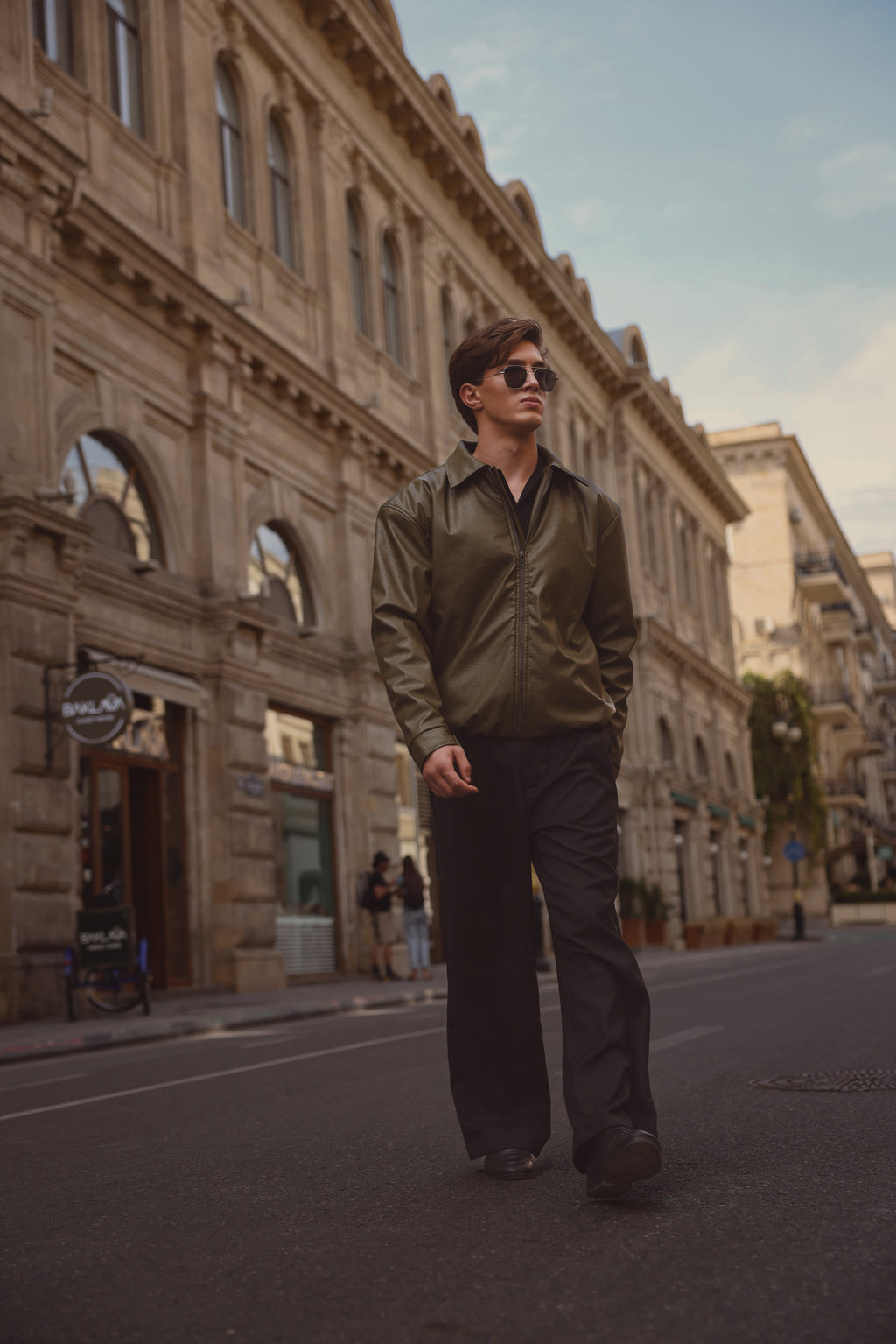Olive Green Textured Leather Jacket