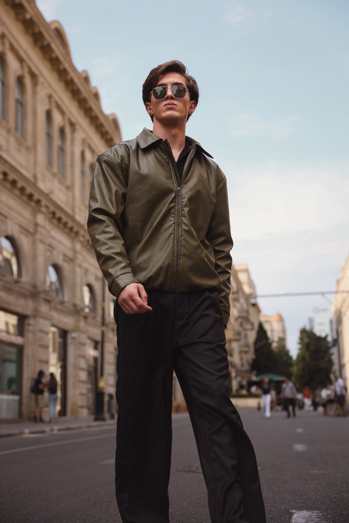 Olive Green Textured Leather Jacket