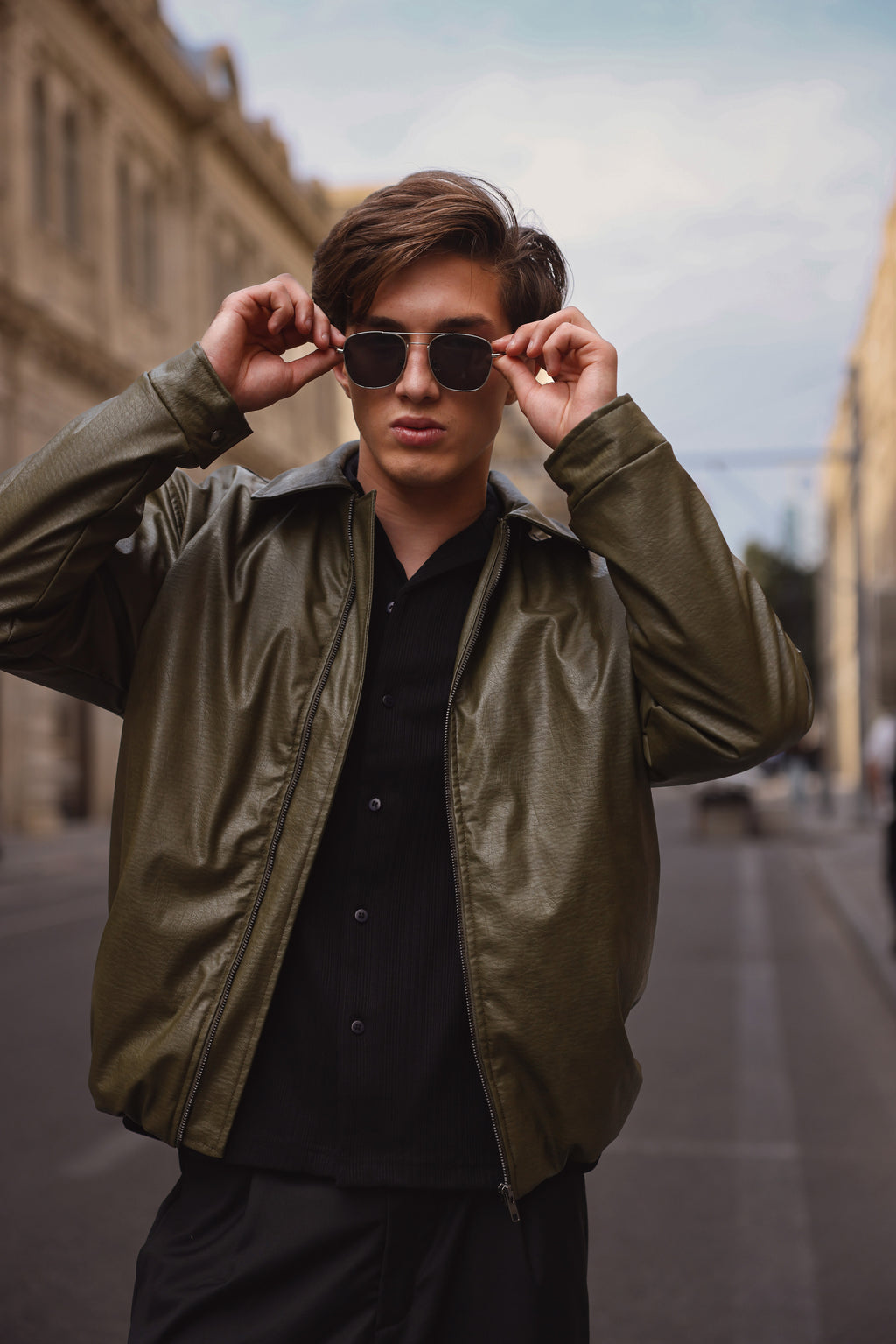 Olive Green Textured Leather Jacket