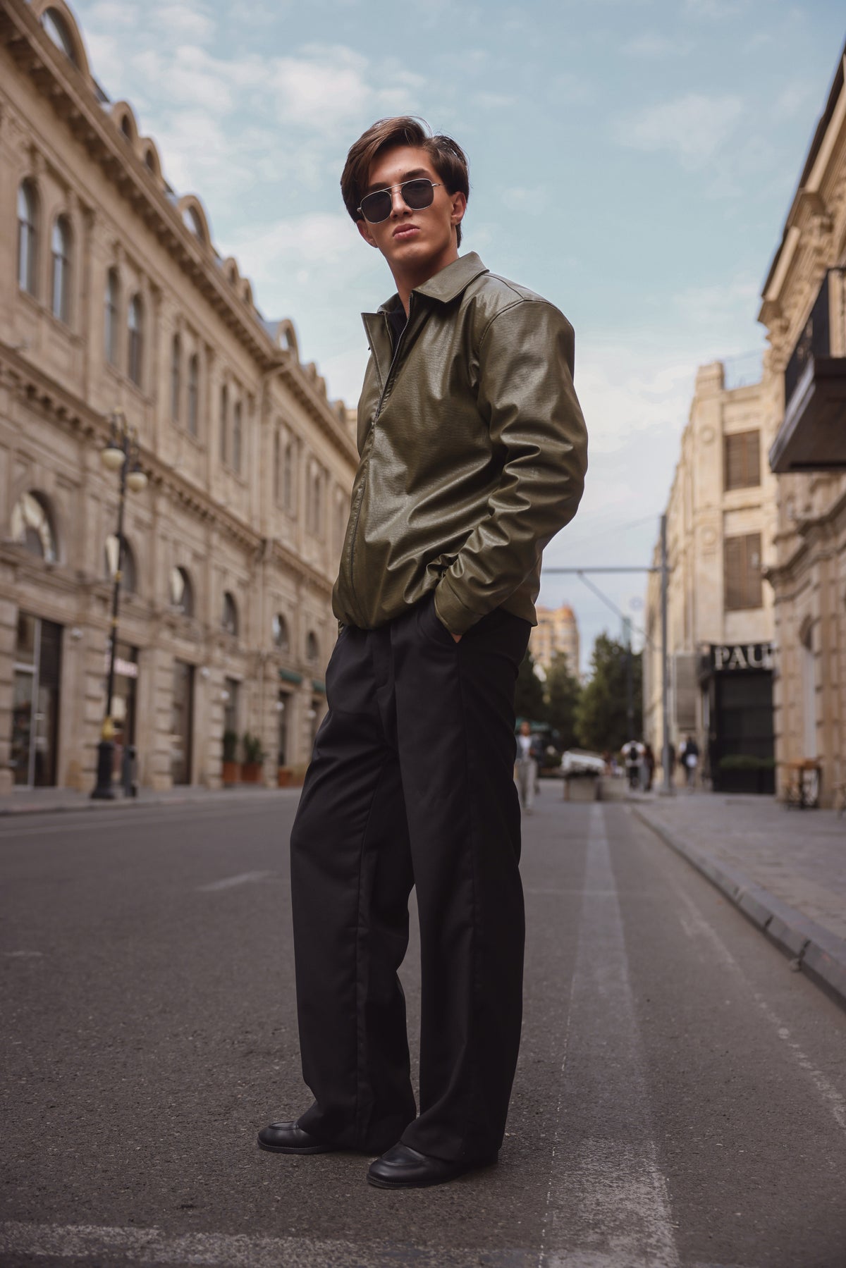 Olive Green Textured Leather Jacket