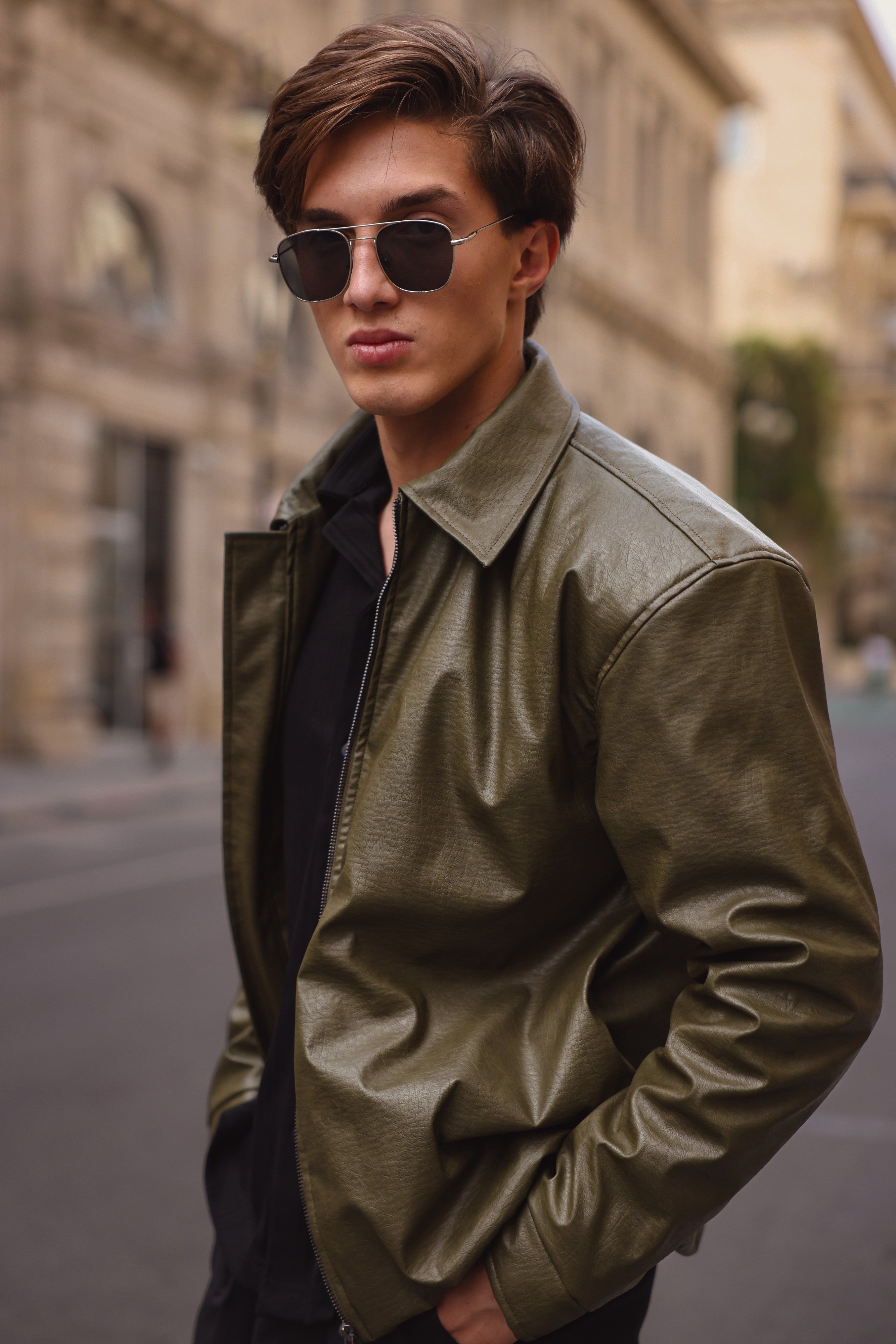Olive Green Textured Leather Jacket Secondary image