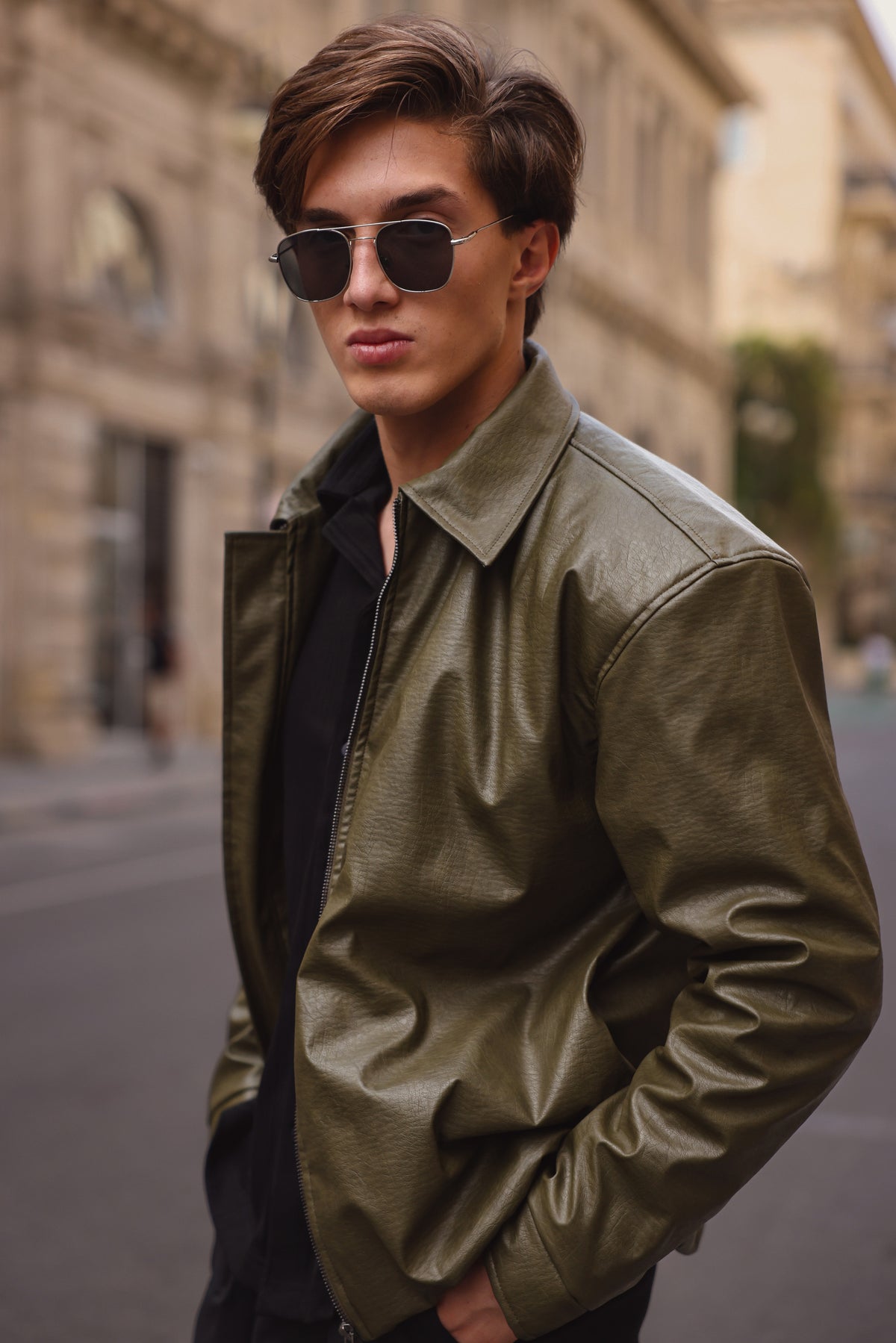 Olive Green Textured Leather Jacket