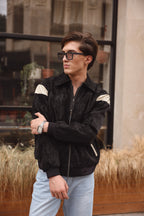 Black Leather Contrast Panel Jacket