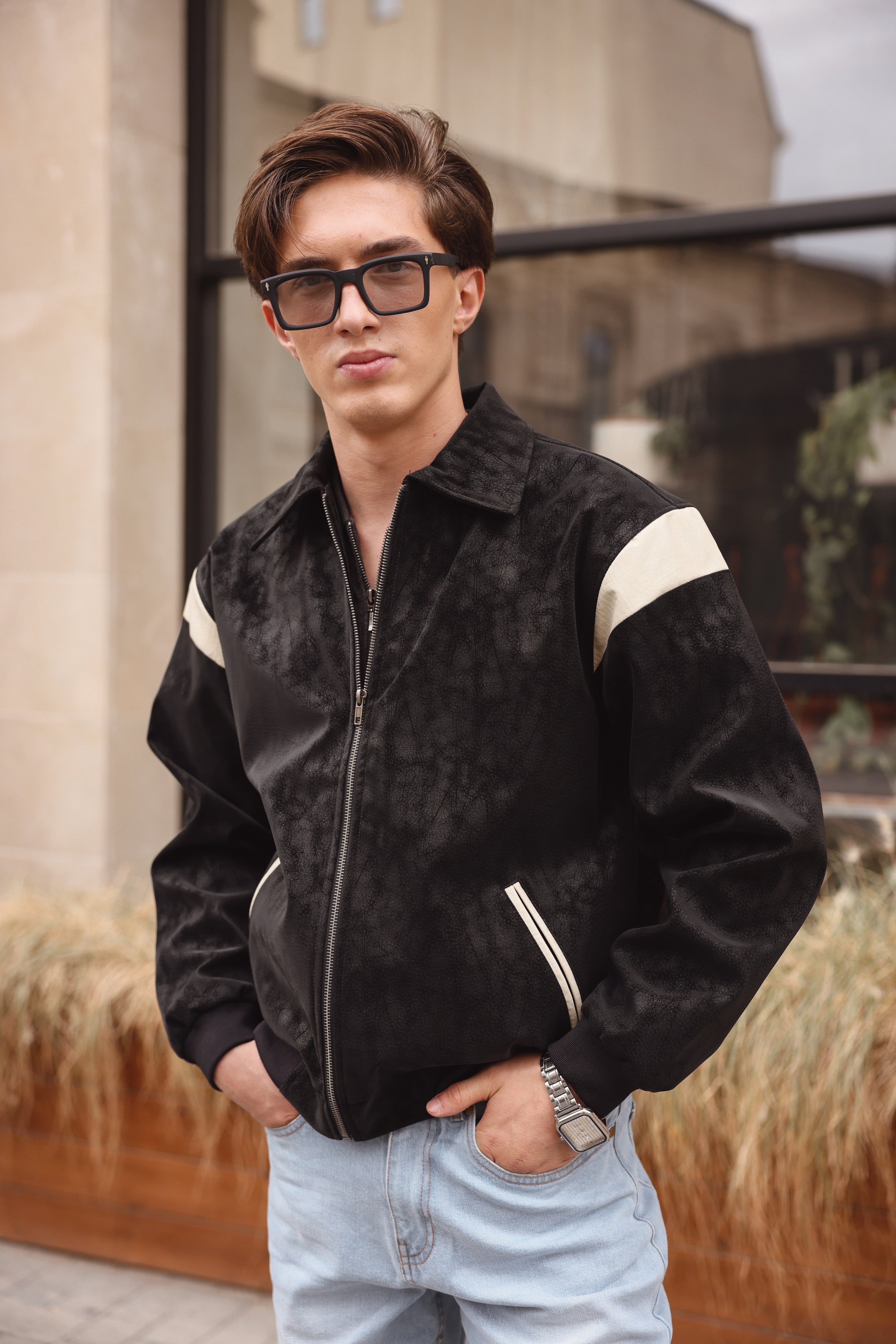 Black Leather Contrast Panel Jacket Secondary image