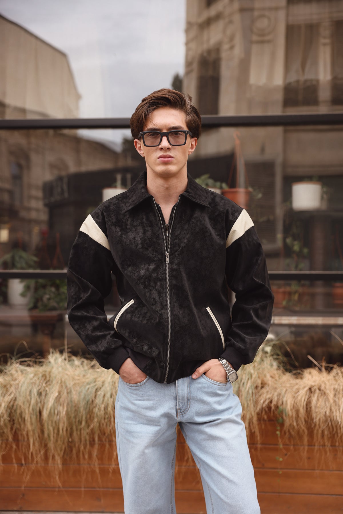 Black Leather Contrast Panel Jacket Main image