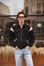 Black Leather Contrast Panel Jacket