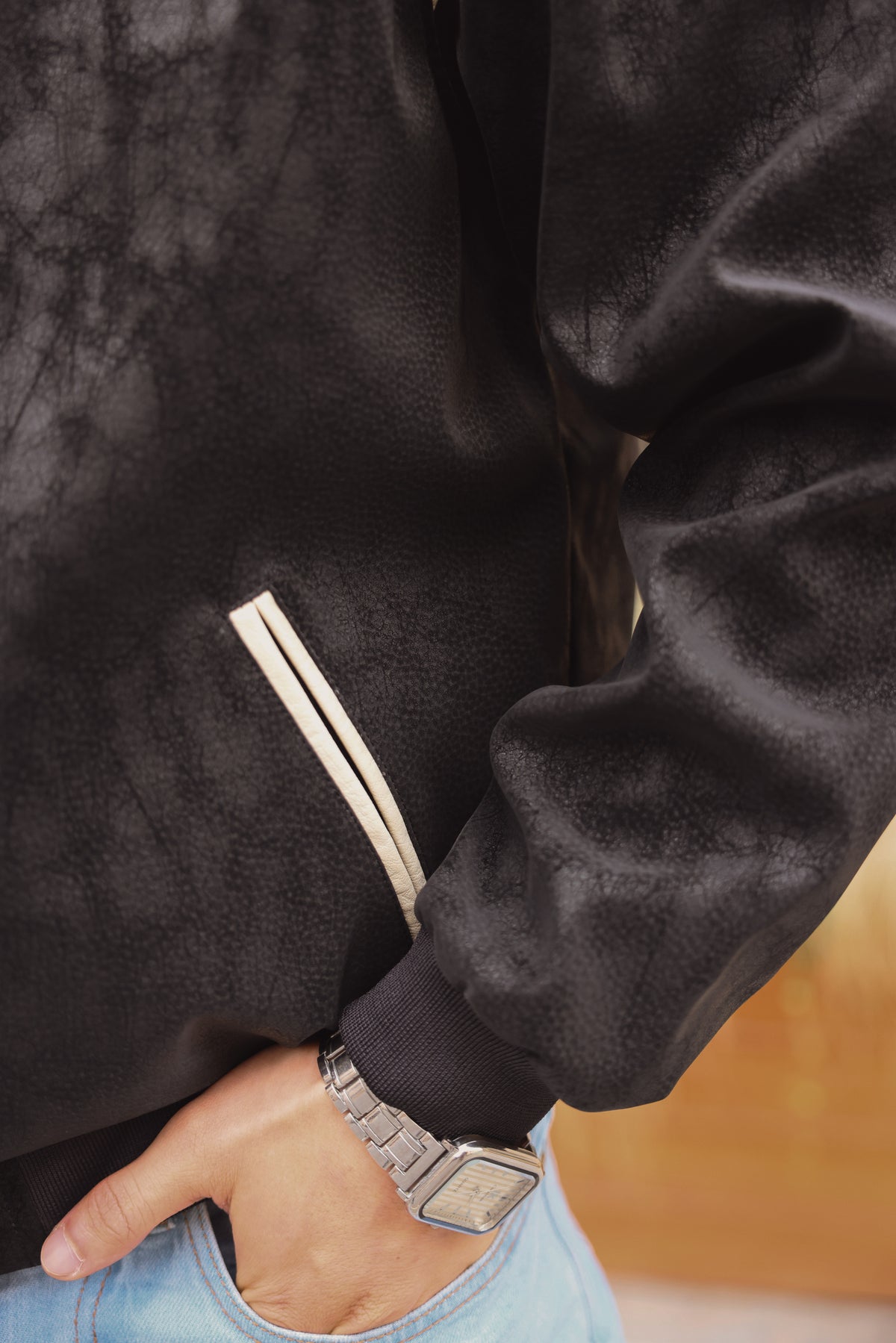 Black Leather Contrast Panel Jacket