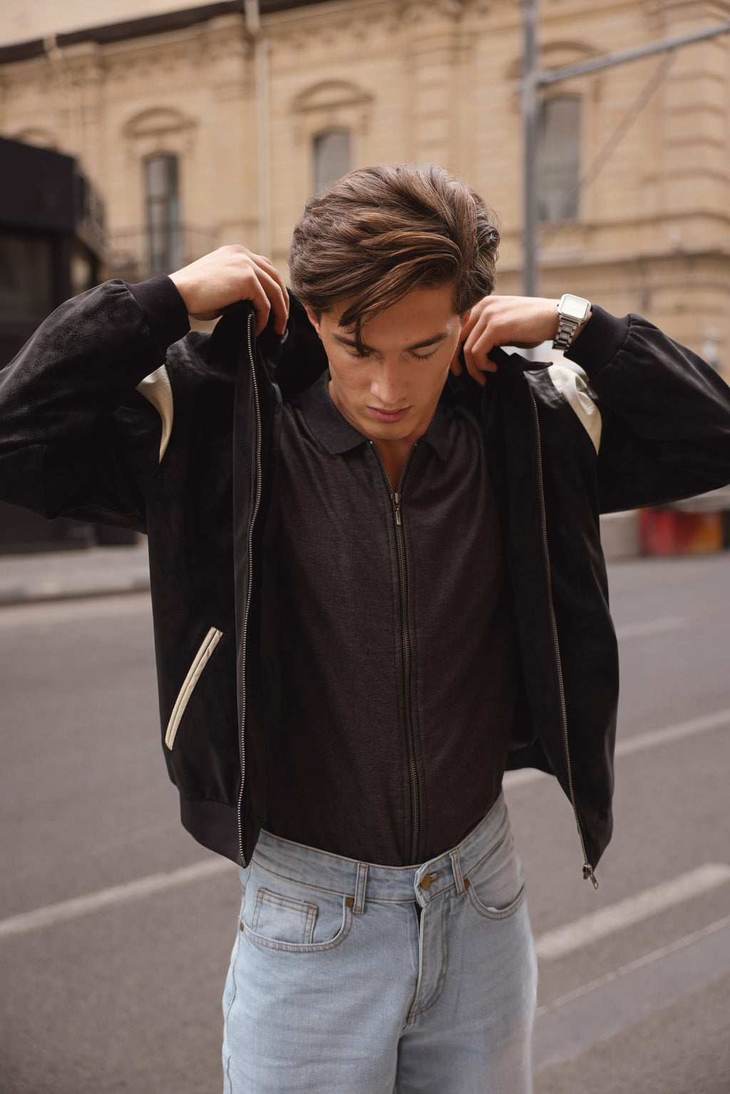 Black Leather Contrast Panel Jacket