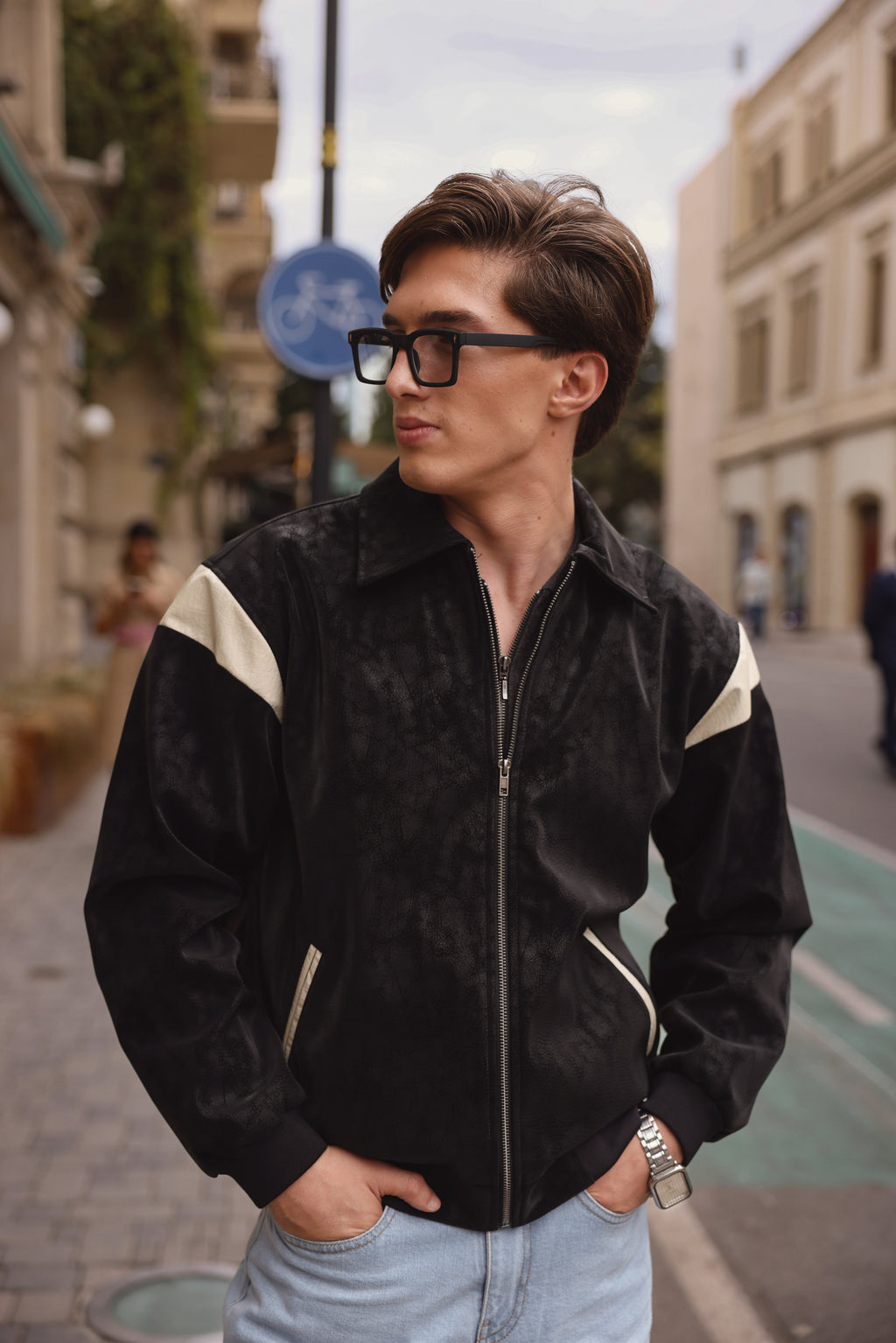 Black Leather Contrast Panel Jacket