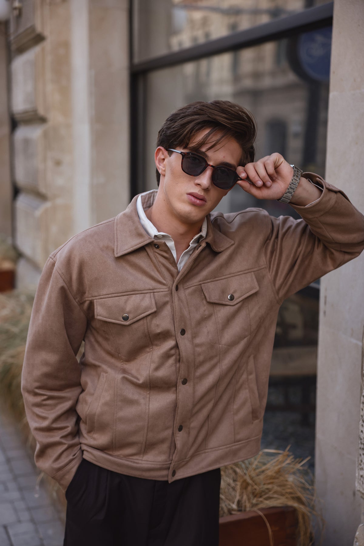 Beige Suede Utility Jacket