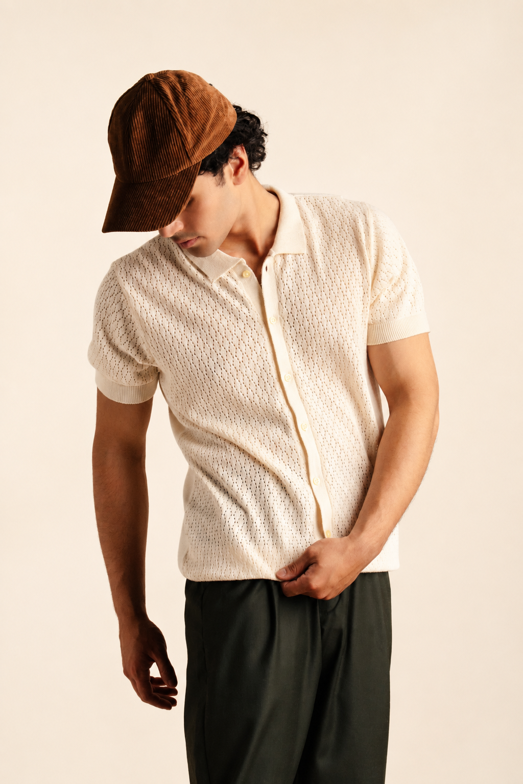 Textured Jacquard Knit Open Placket Shirt