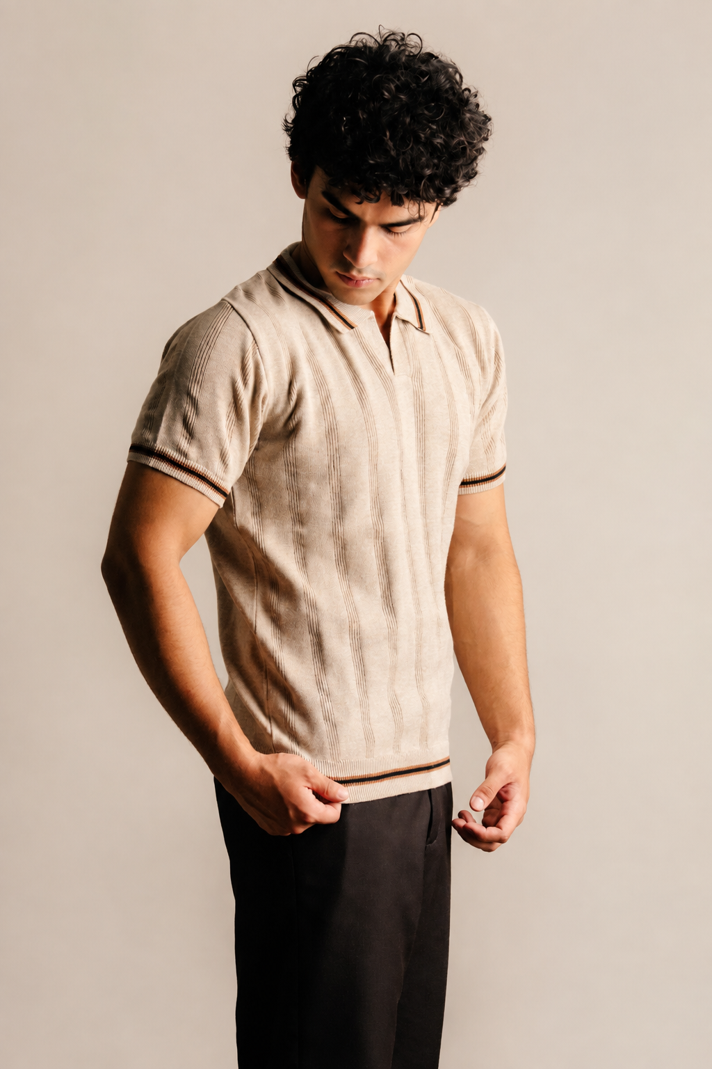 Jacquard Knit Polo Shirt - Beige Main image